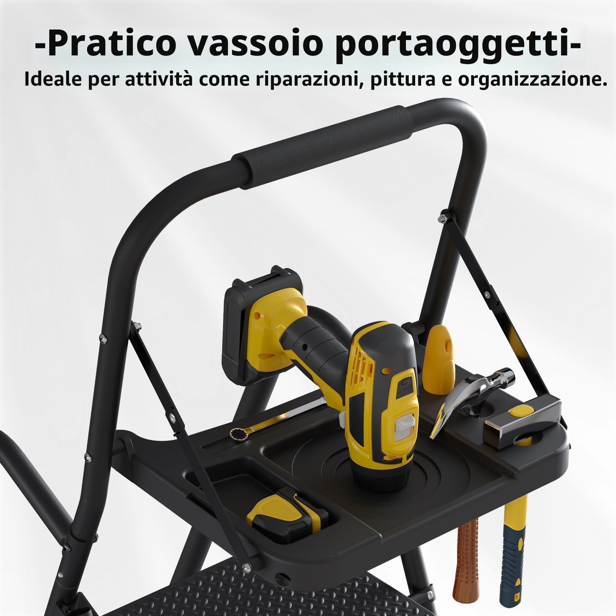 BONTEC Scala Pieghevole a 5 Gradini con Pedali Extra Larghe in Plastica Antiscivolo, Struttura in Ferro, Vassoio Portaoggetti e Borsa Attrezzi, Portata 150 kg, Facile da Riporre,Nero