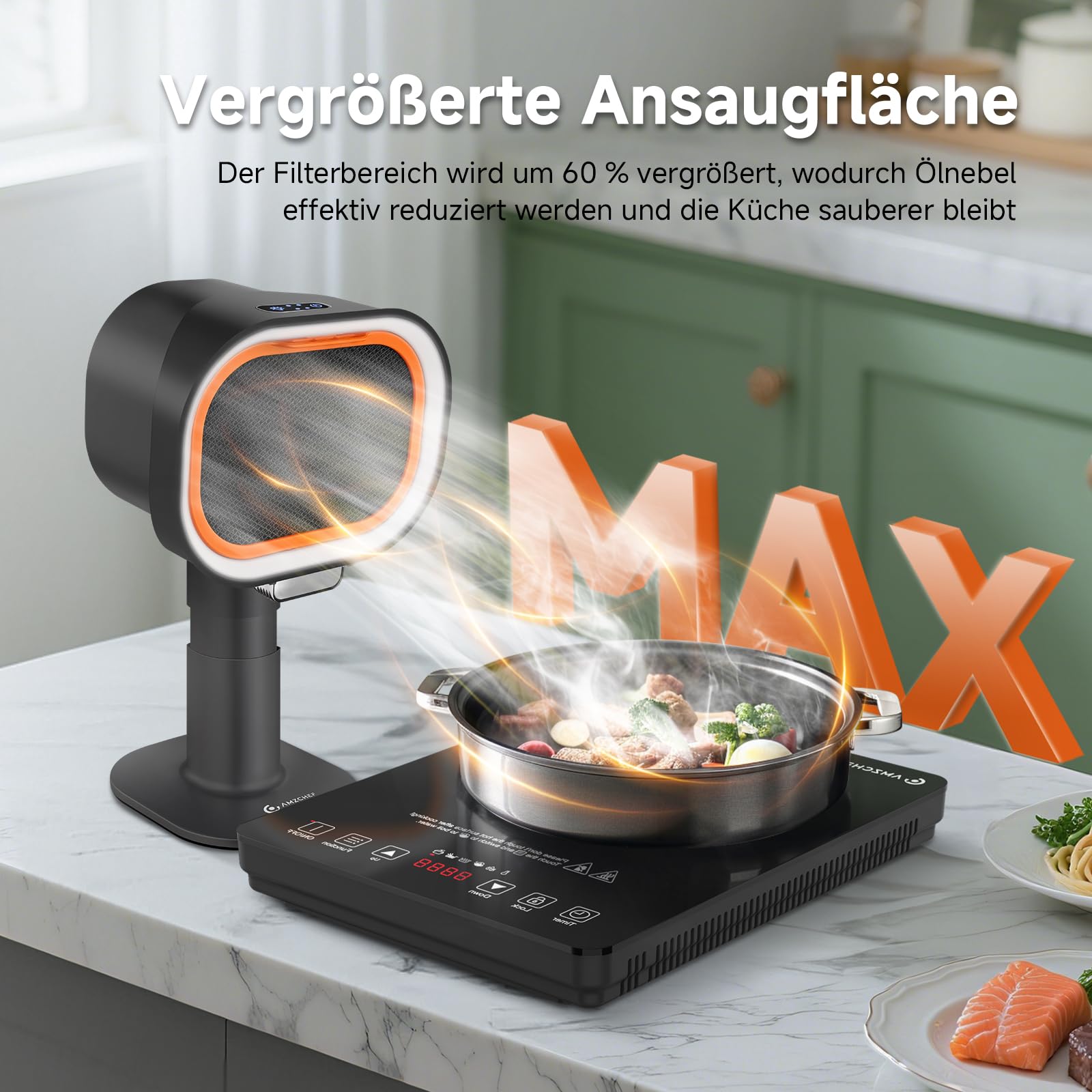 AMZCHEF Mobile Dunstabzugshaube teleskopierbar 40° Neigung 4-Gang-Modi geräuscharm Aluminiumfilter Wohnung RV