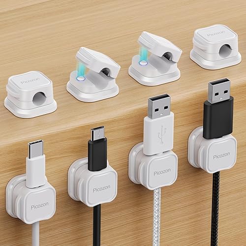 Picozon - Paquete de 8 soportes magnéticos para cables, organizador de cables adhesivos Picozon para teléfono, cargador USB, organizador para
