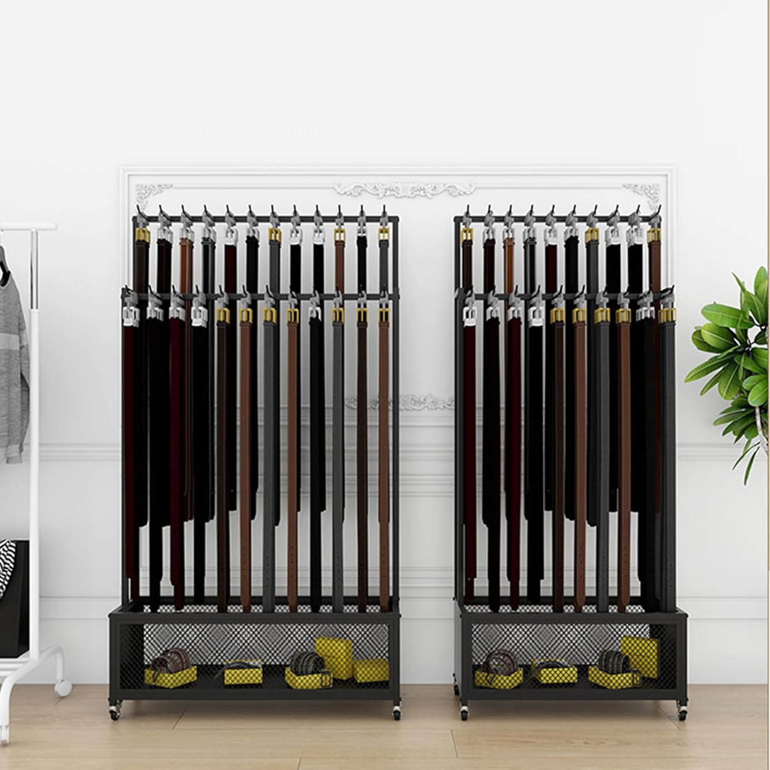 Floor Mounted Belt Hanger Metal Retail Display Stand, Metal Men Closet Belt Organizer Rack, Clothing Store Ties Scarf Rack Shawls Purse Shelf, Space Saving Dog Co(Black-90x30x156CM