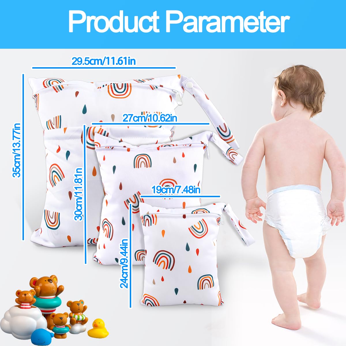 EKKONG Wetbag, 3 pezzi Borsa Pannolini Riutilizzabile, Sacchetto delPannolino Lavabile con Zip Impermeabile Organizzatore (unicorno)