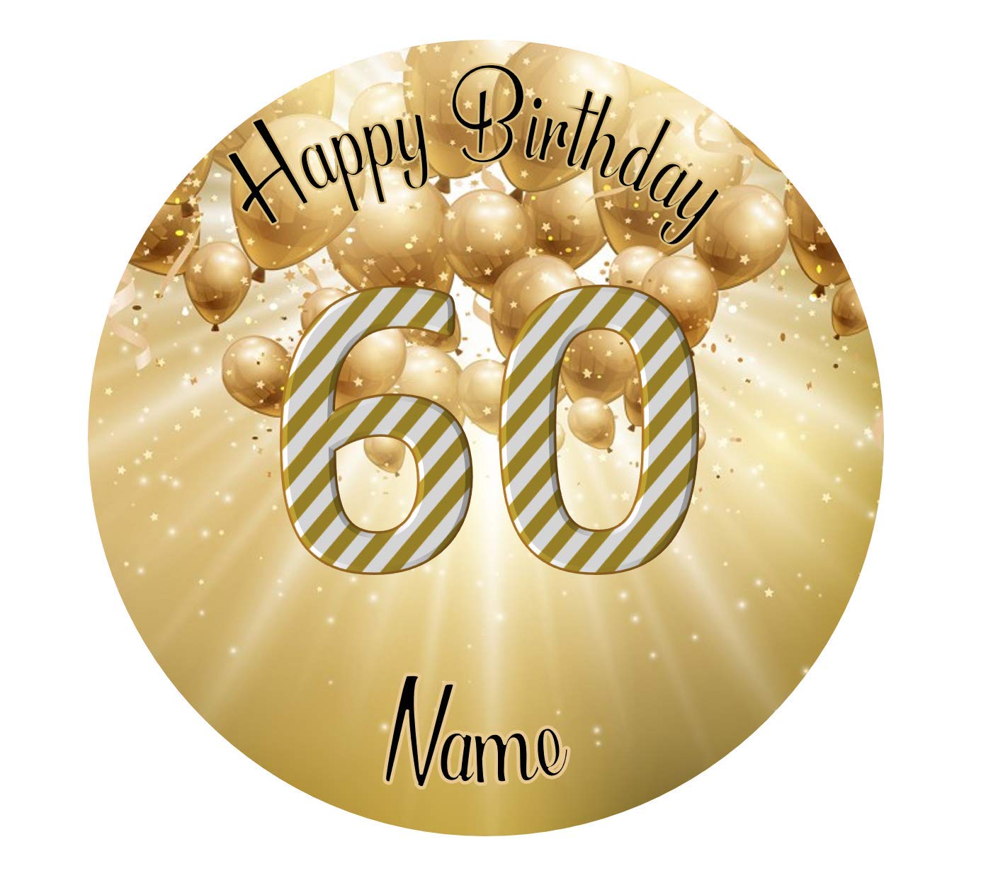 60th Birthday Gold and Black Cake Icing or Wafer Topper 7.5 inch Personalised (Wafer)