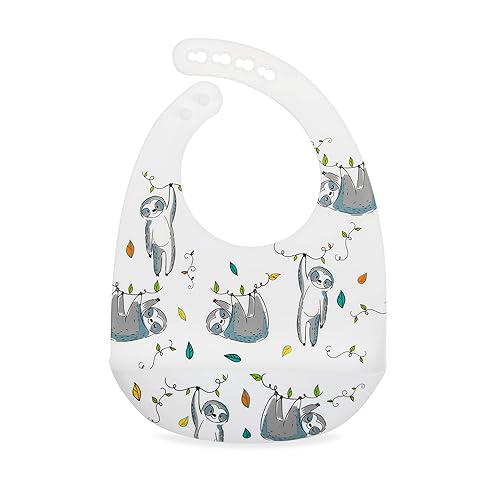 Miniatura 2 de Nuby Paquete de 2 baberos de silicona suaves ajustables fáciles de limpiar con cuchara, hojas y perezoso Hojas y perezoso,Dinosaurios rosados y