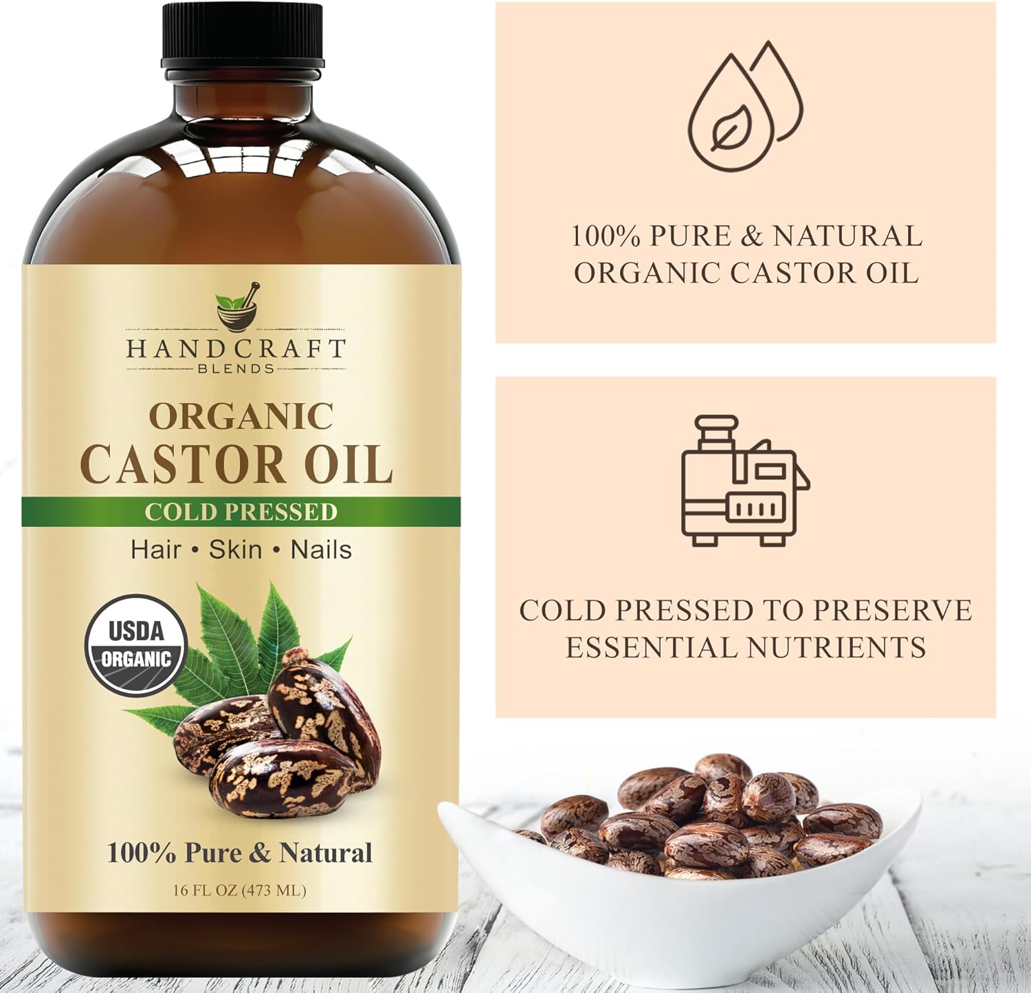 Handcraft Blends Cold-Pressed Organic Castor Oil 16 Fl Oz | Glass Bottle | Roll on Bottle | Reusable Wraps | Durable Comfortable Pack Wraps | Adjustable Elastic Straps | Neck and Stomach