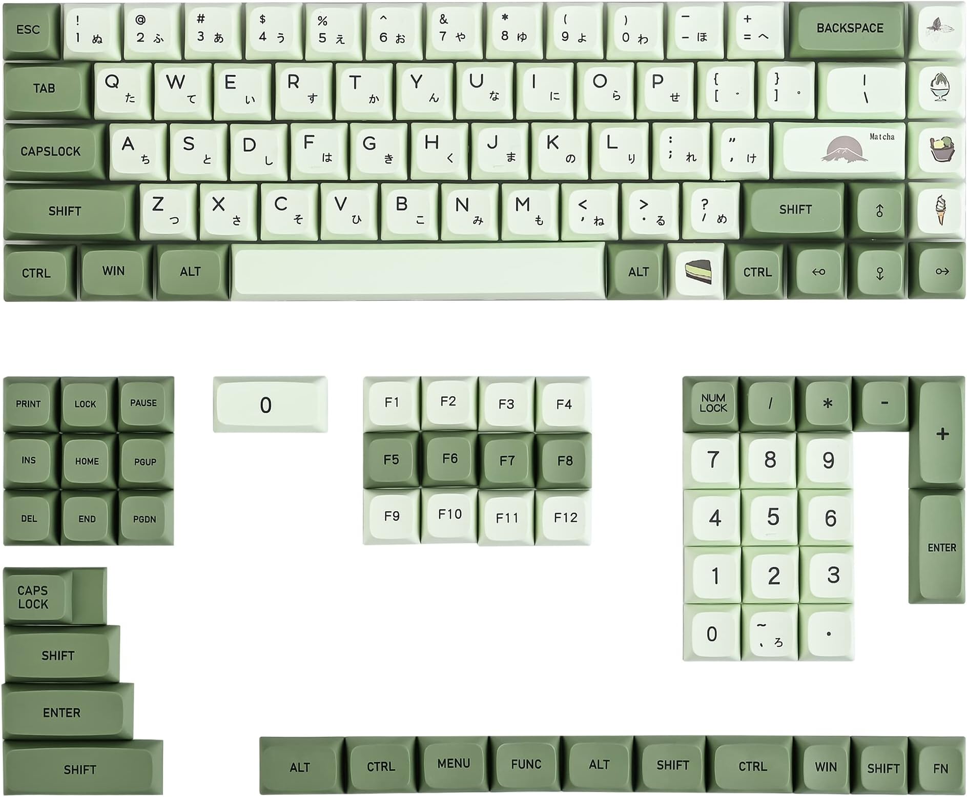 Matcha Keycaps PBT 122-Key Green Gaming keycaps Set XDA Profile Japanese keycaps Dye-Sub ANSI Layout for MX Keyboard (Matcha)