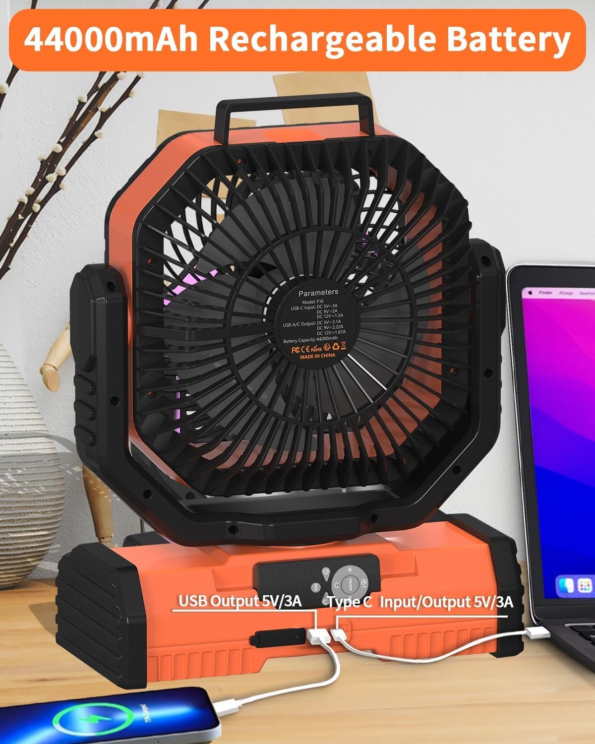 ADUST 12 Inch Camping Battery Operated Powered Fan with LED Lantern Light,44000mAh Rechargeable Portable Oscillating Fan with 360° Rotation Hanging Hook for Tents, Cordless USB Desk Fan(Orange) - Image 9