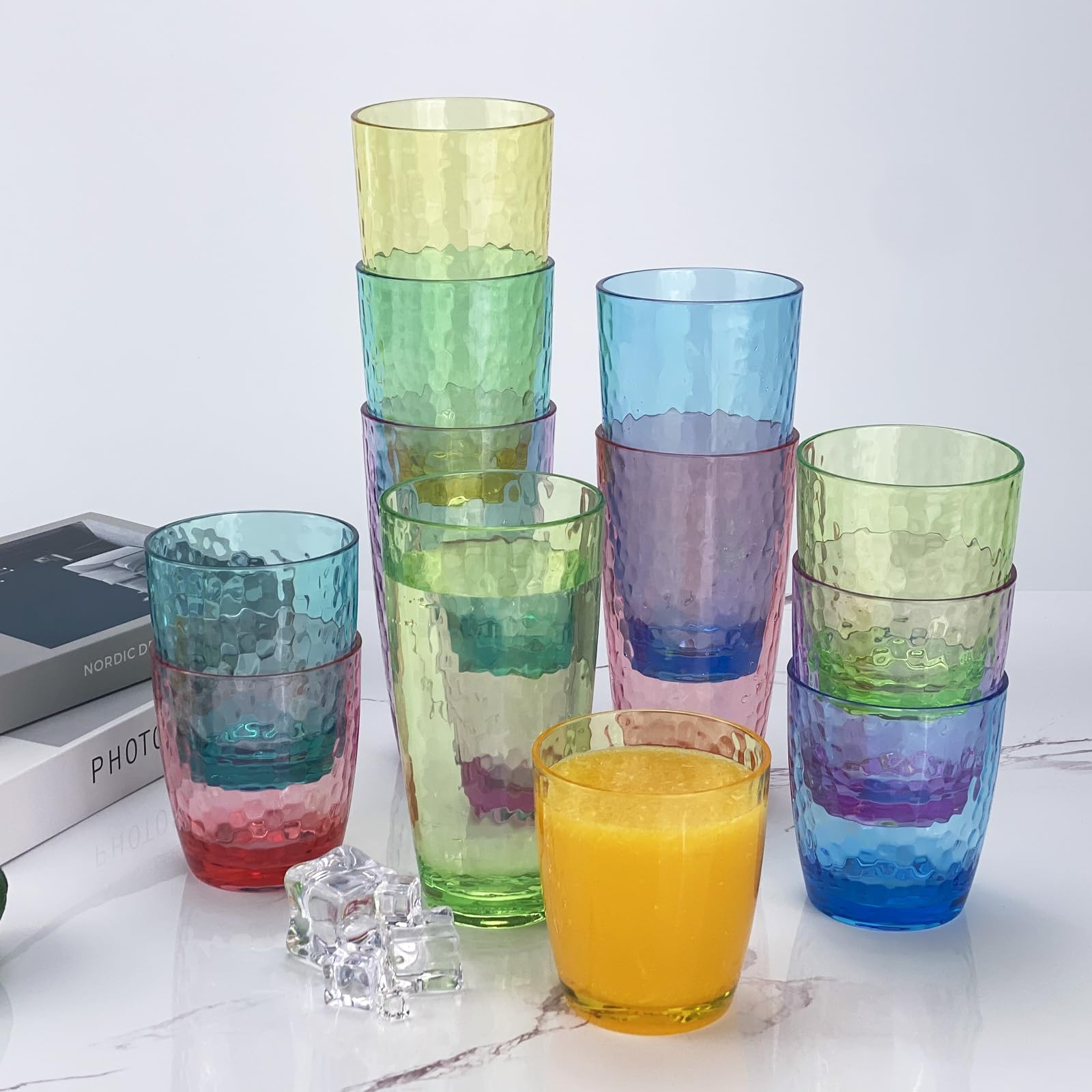 Hammered Style - Vasos de plástico acrílicos de 430 ml, juego de 6 unidades, multicolor, sin BPA, apto para lavavajillas
