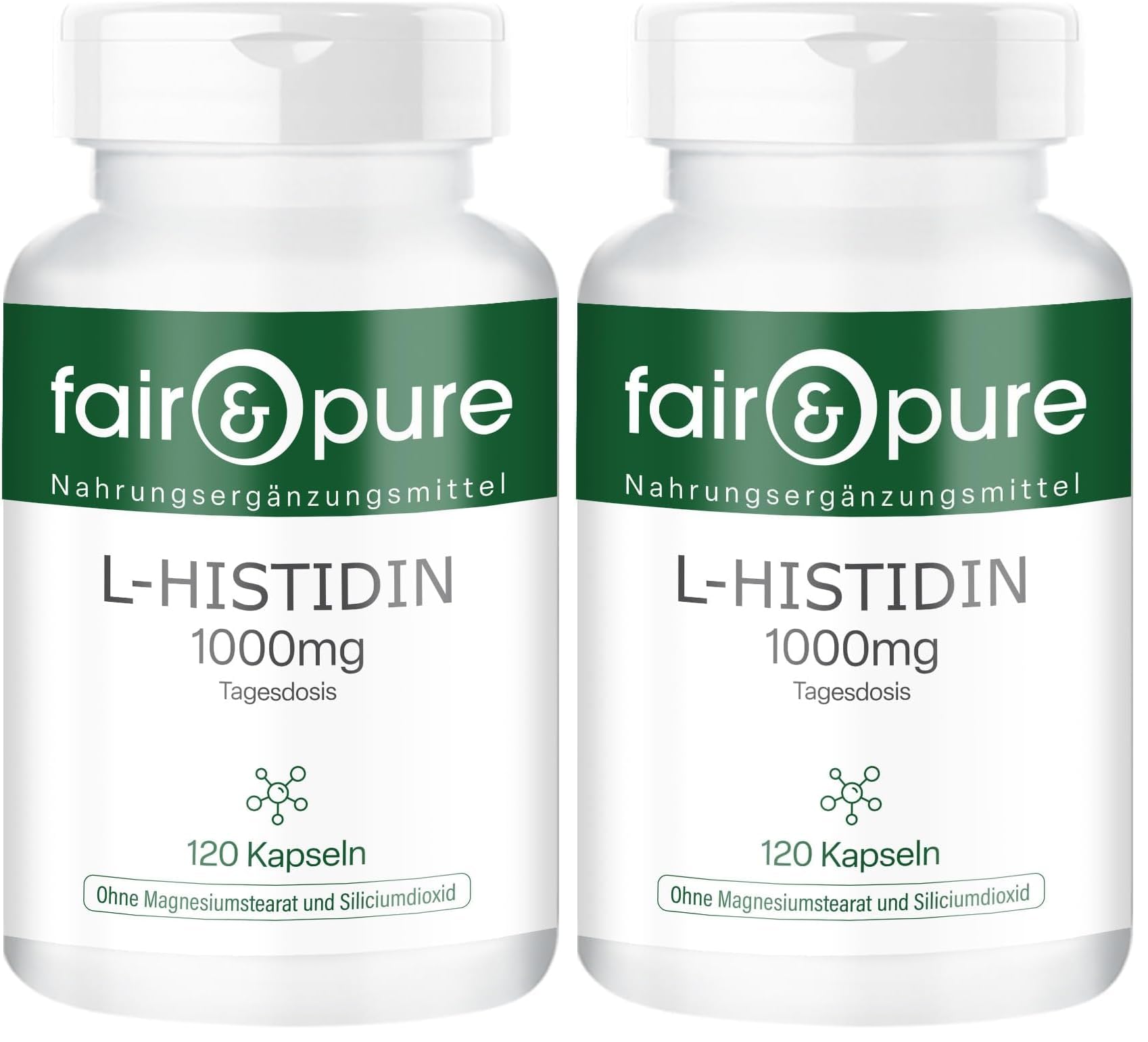 Fair & Pure L-Histidin 1000mg, 120 Kapseln, Aminosäure, veganes Nahrungsergänzungsmittel ohne Zusätze, in Deutschland hergestellt (Packung mit 2)