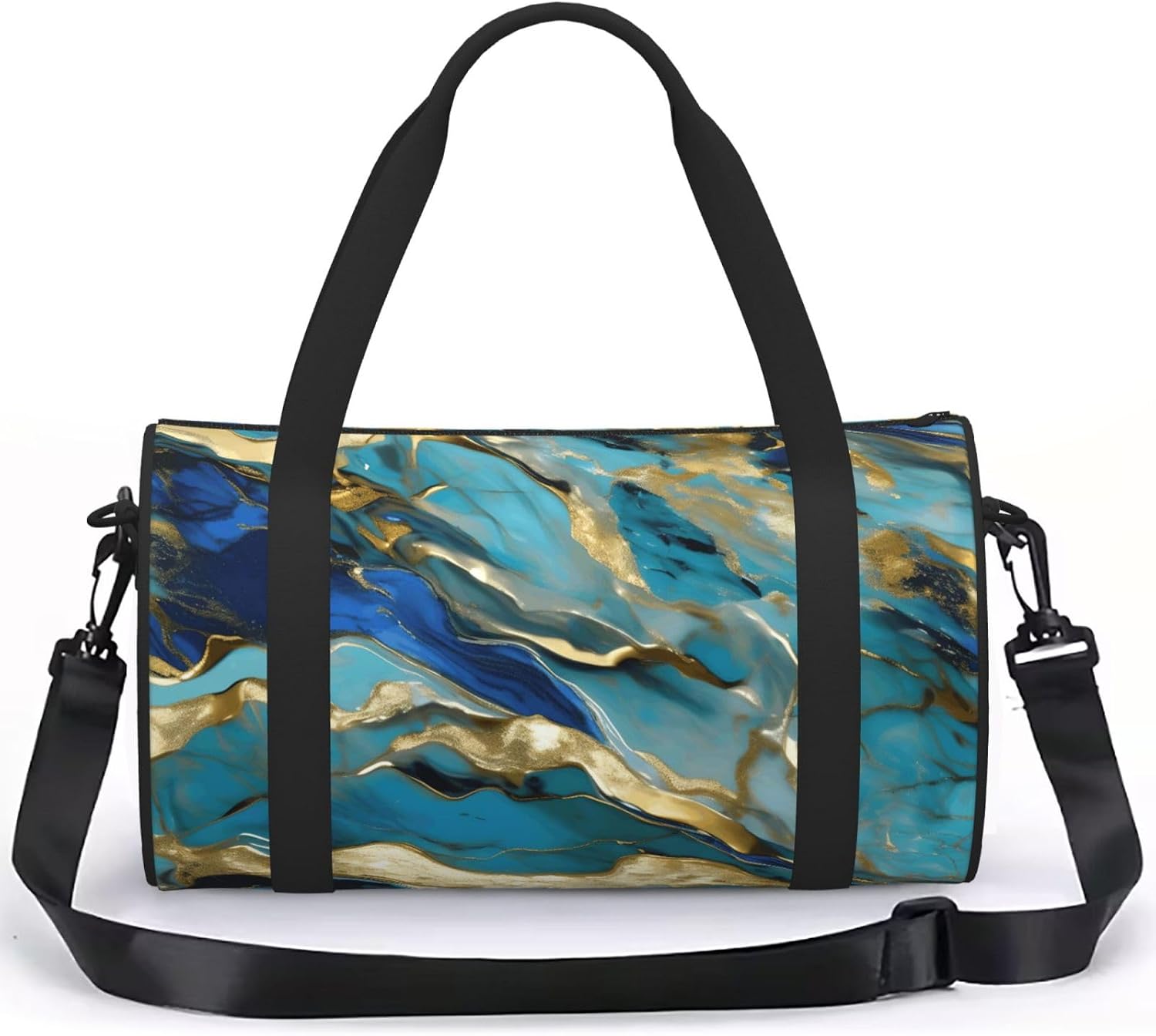 Azurite Teal And Foil Gold Oil Marble Pattern Print Sports Tote Bag Lightweight Water-Resistant Gym Backpack Travel Supplies