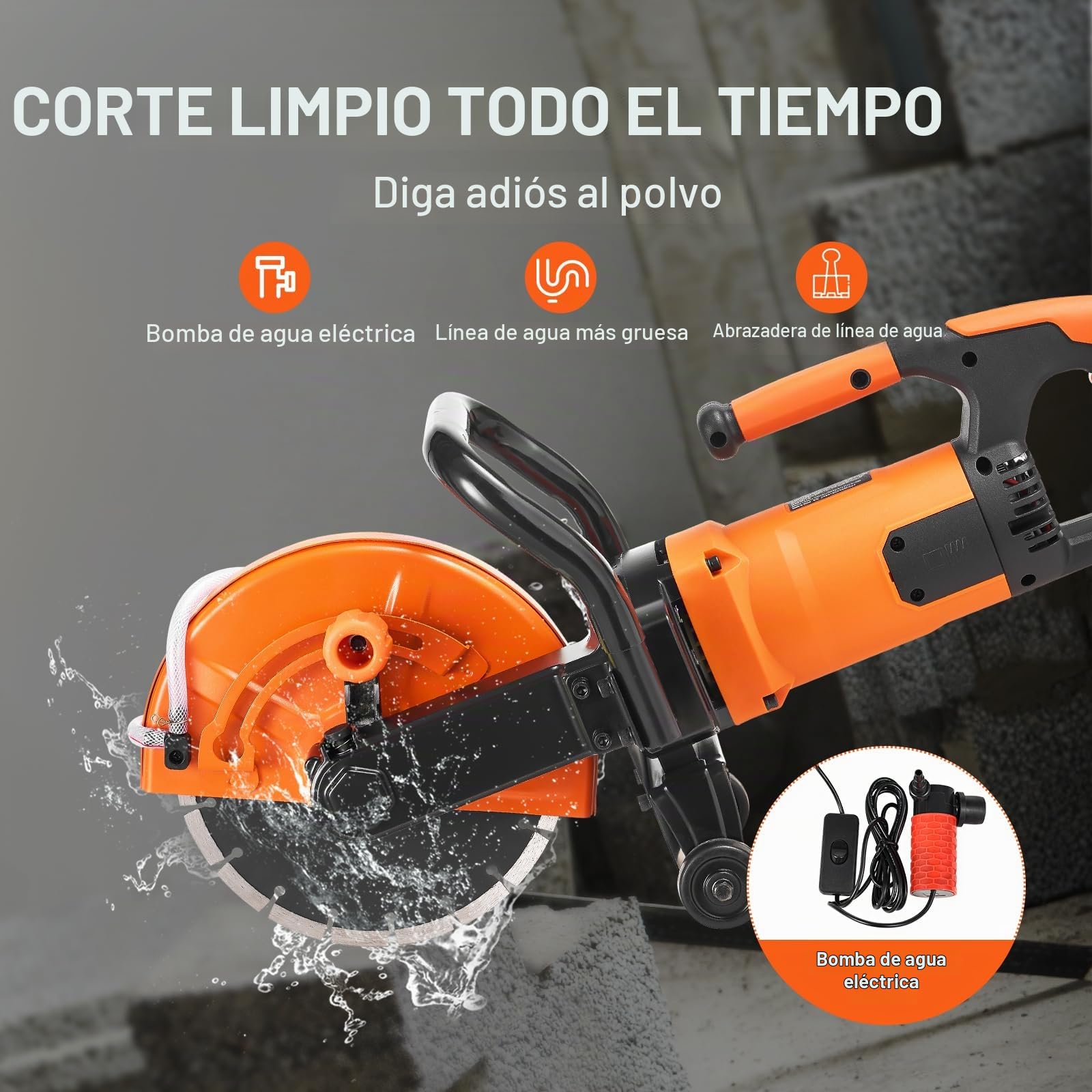 VEVOR Sierra Eléctrica para Hormigón 230mm 2000W Sierra Circular de Alta Potencia Profundidad de Corte de 89 mm Sierra de Disco Húmeda/Seca con Tubería de Agua Bomba de Agua Hoja para Piedra Ladrillo