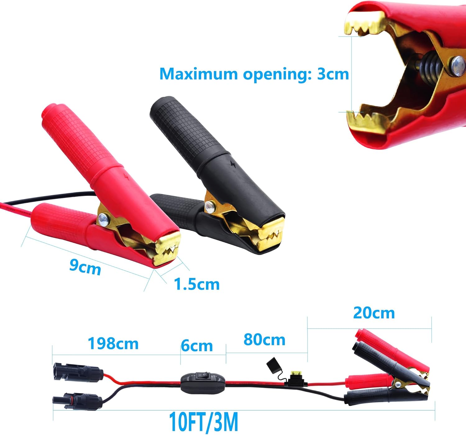 Battery Alligator Clip to Solar Panel Connector Cable with Switch and 20A Fuse,14AWG 12V-24V Battery Alligator Clips to Male & Female Solar Connectors Cable,for Car,Inverter,3M
