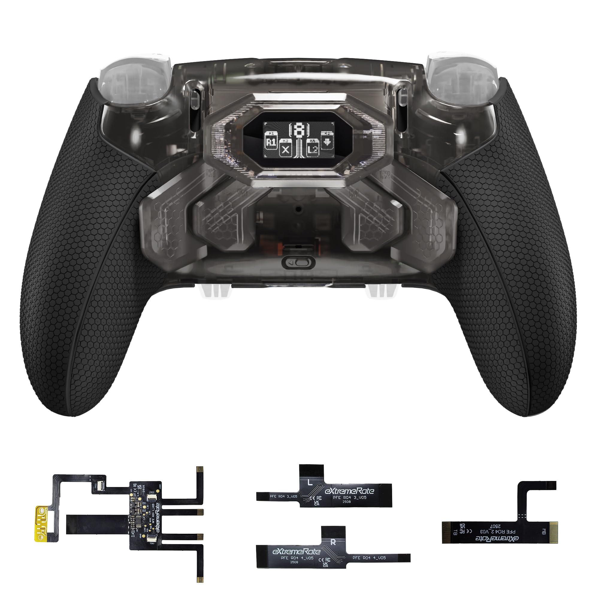 eXtremeRate BEYOND Paddle Rimappabili per ps5 Edge Controller, Display OLED, Cover Grip Ergonomici, 4 Tasti Posteriori Palette Remap Kit Accessori per ps5 Edge Joystick, Trasparente Nero&Nero