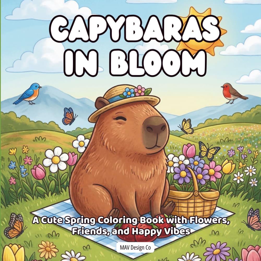 Capybaras In Bloom A Cute Spring Coloring Book with Flowers, Friends, and Happy Vibes: A Cute Capybara Coloring Book with Spring Flowers, Garden ... Relaxing Nature Scenes for All Ages 8.5x8.5      Paperback – March 14, 2026