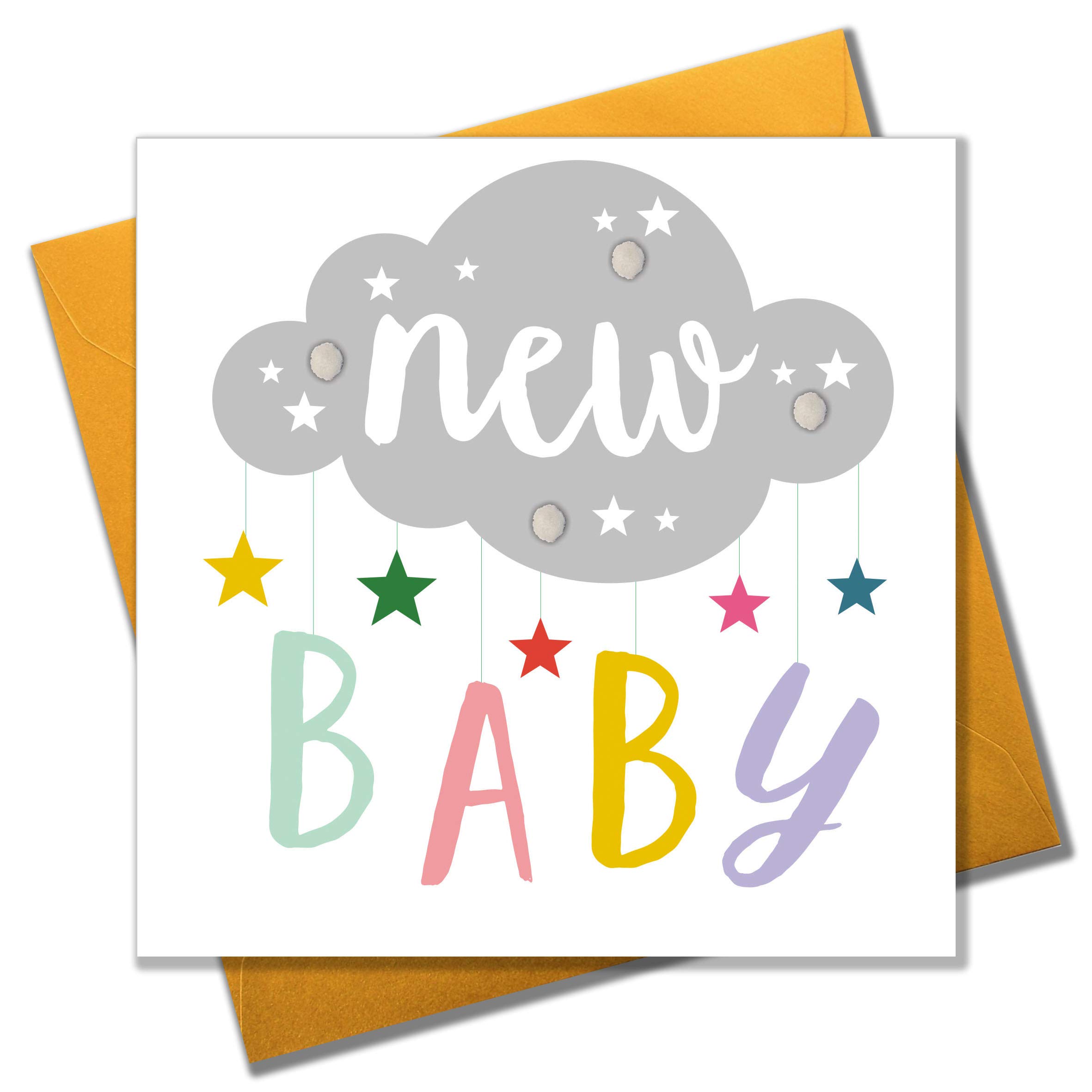 Claire Giles Greeting Cards, Baby Card, Mobile, New Baby, Embellished with colourful pompoms