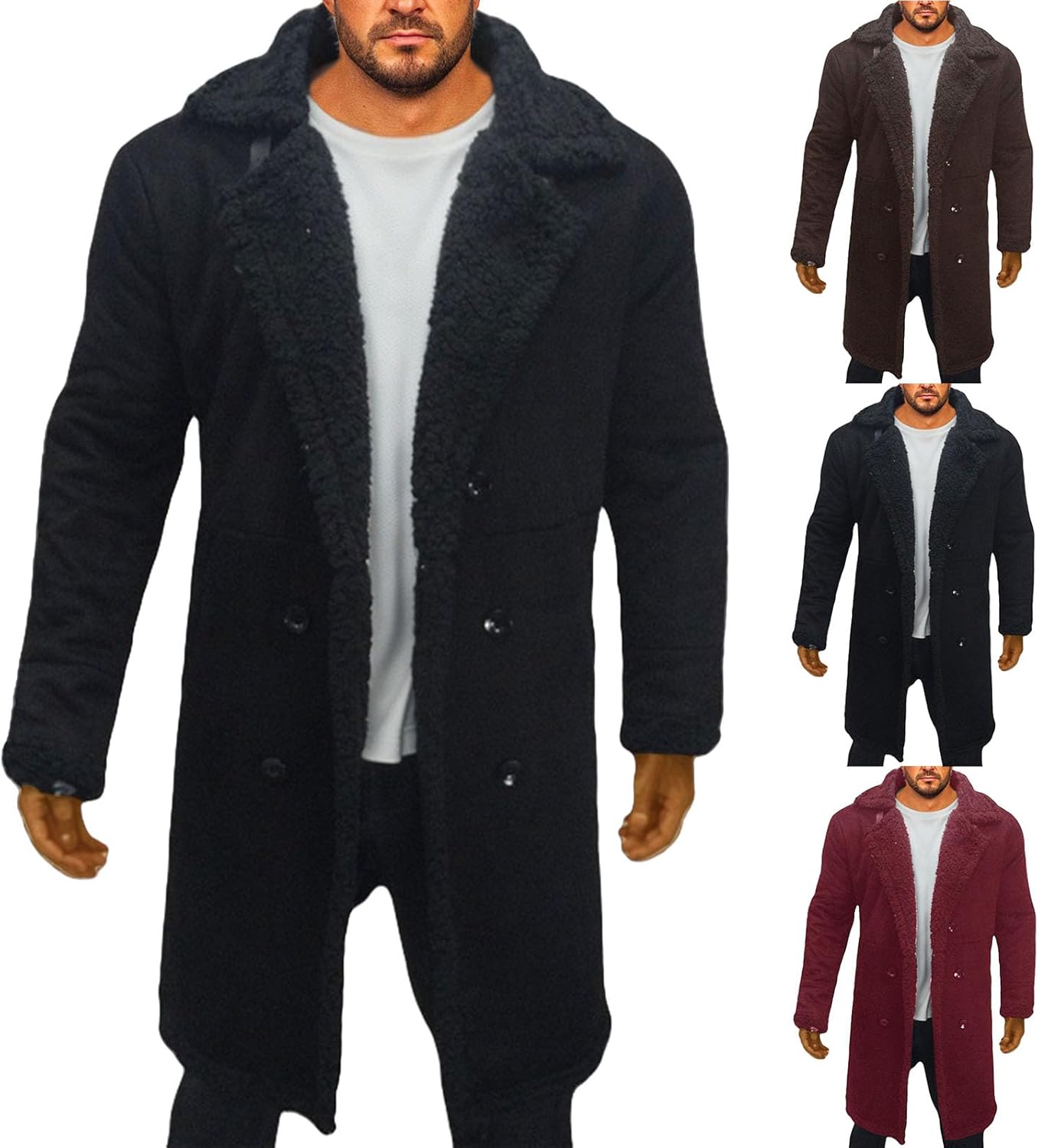 evzosrz Mens Casual Sherpa Fleece Lined Jackets Faux Fur Collar Long Trench Coats Winter Warm Big & Tall Outwears with Pocket