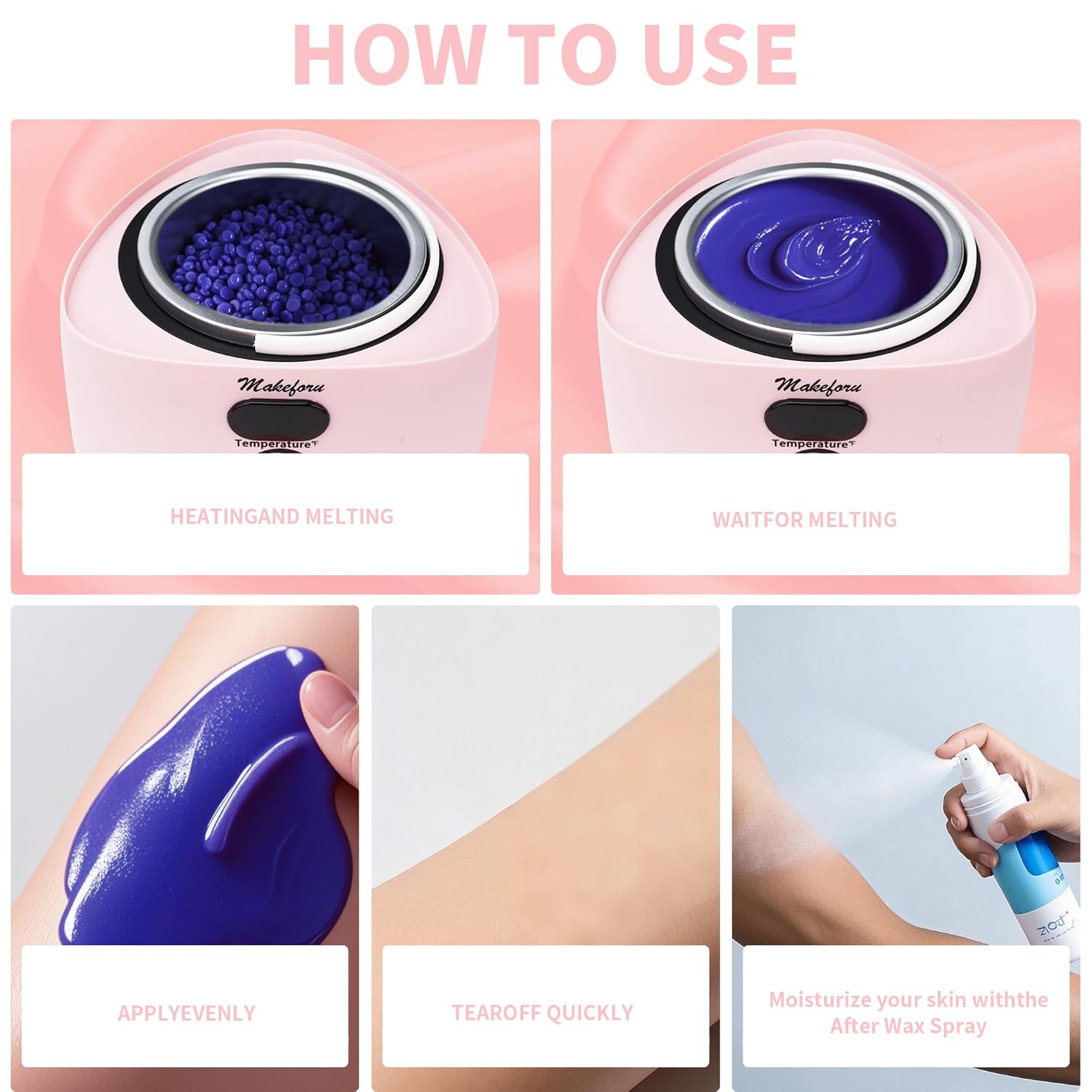 Brazilian Waxing Kit - Bikini & Full Body Hair Removal with Digital Warmer, 4 Scented Wax Beads & 27 Silicone Tools - Home Waxing for Women & Men, Face & Body Care (Pink) - Image 5