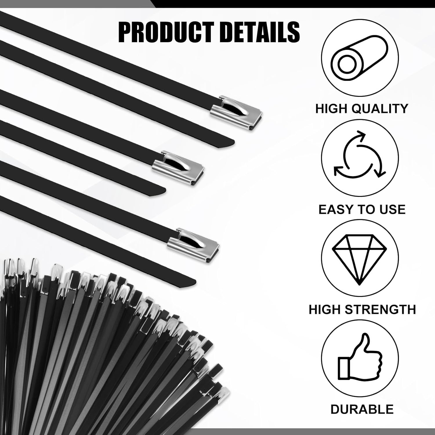 Pelopy 300 Pcs 6", 10", 14" Metal Zip Ties Black 304 Stainless Steel Zip Ties Epoxy Coated Tie Heavy Duty Cable Self Locking Cable Multi Purpose for Machinery Vehicles Exhaust Wrap Outdoor Fence Farms