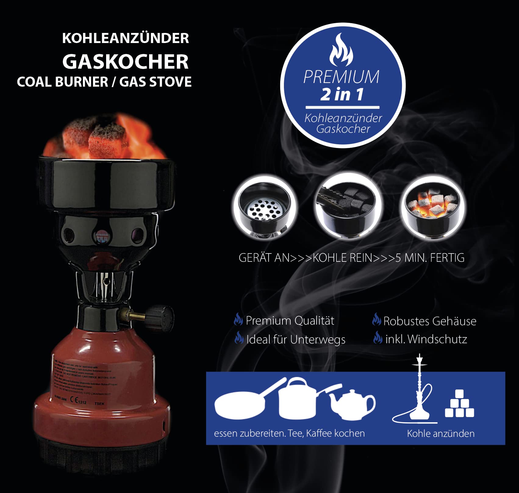 Clearfee Juego de hornillos de gas 2 en 1, hornillo de camping y encendedor de carbón, incluye 8 cartuchos de gas de 190 g, color negro, azul, rojo (azul)