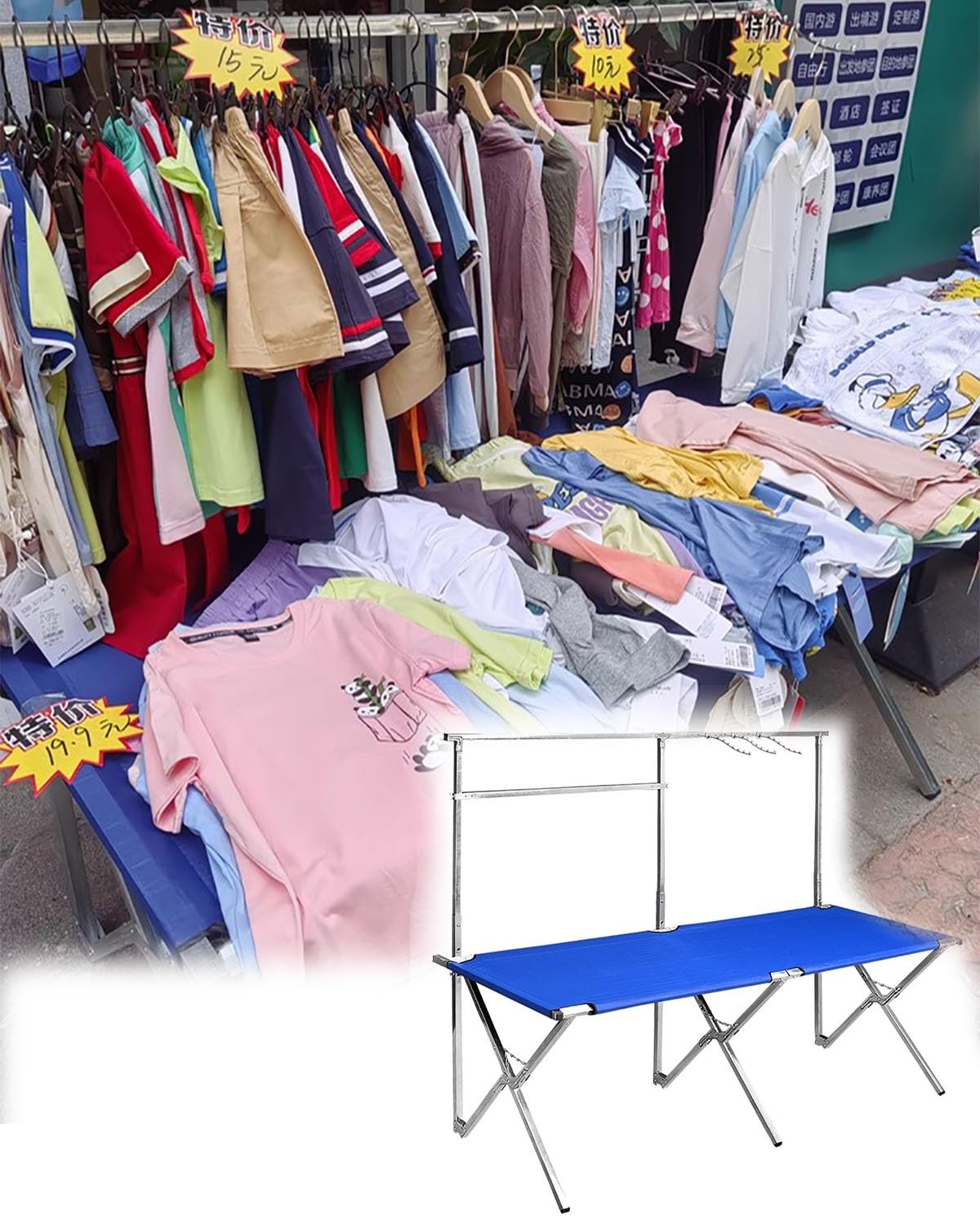 Puesto de Mercado Expositores de Suelo Portátiles para Puestos de Mercado, Ropa Plegable Carrito de Mercado para La Venta de Negocios, Altura Ajustable Puesto de Venta Ambulante(Width-200cm(78.7in))