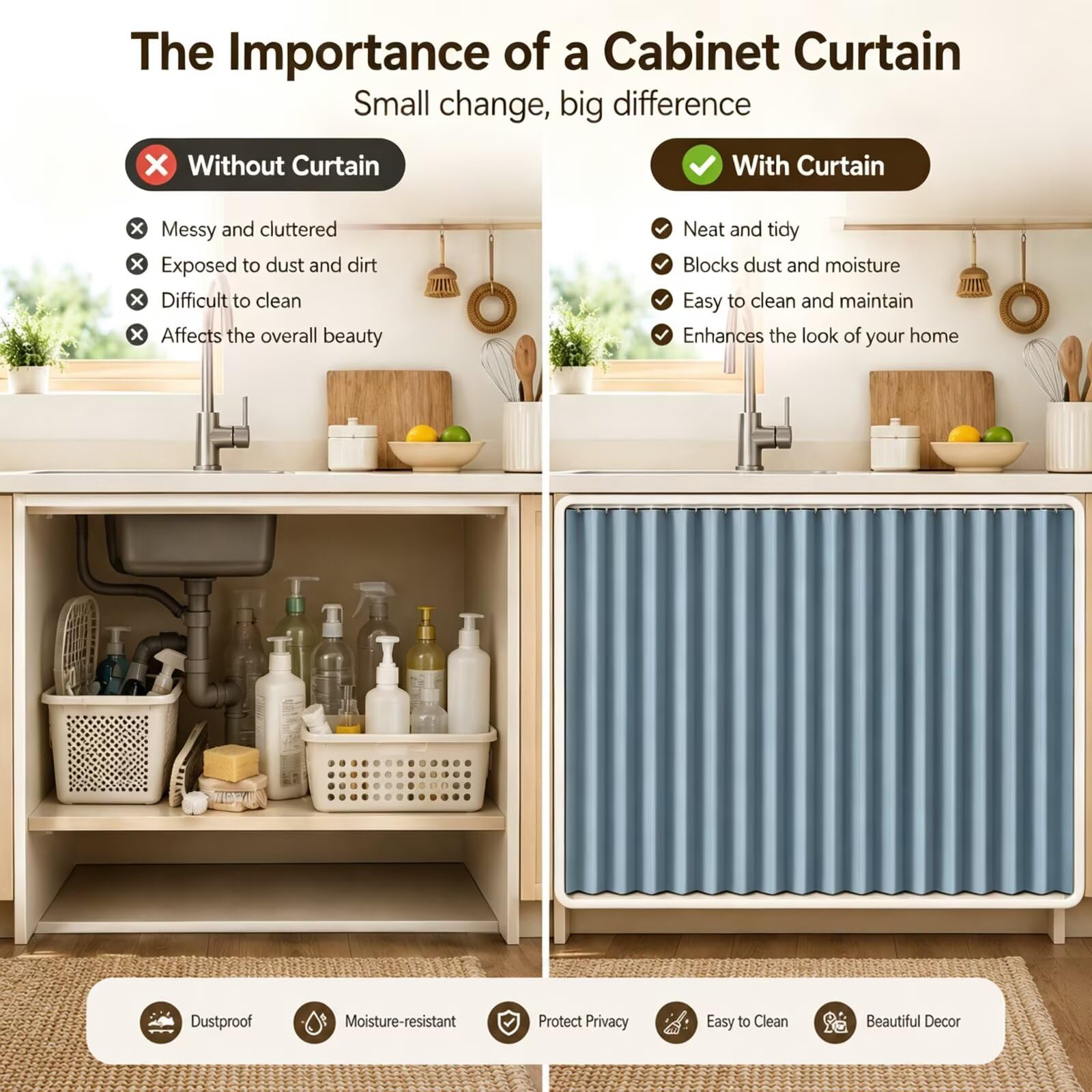 Petit Rideau Cuisine Meuble occultant W110 x H160cm Bleu
