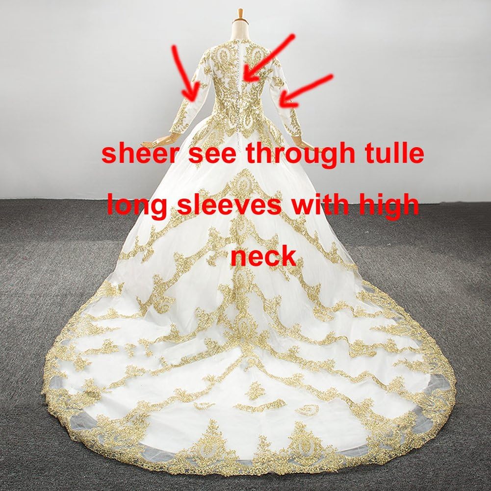Kivary® Vintage Sheer Long Sleeves High Neck Ball Gown Gold Lace Prom Wedding Dresses
