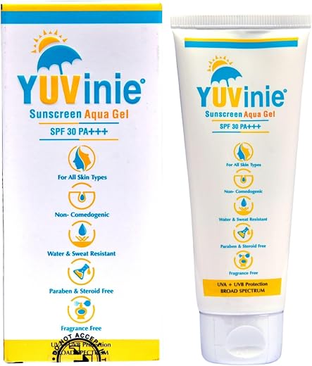KMAY Yuvinie Sunscreen Aqua Gel SPF 30 PA+++ | Non-Comedogenic, Water &amp; Sweat Resistant, Fragrance-Free Sunscreen for All ...