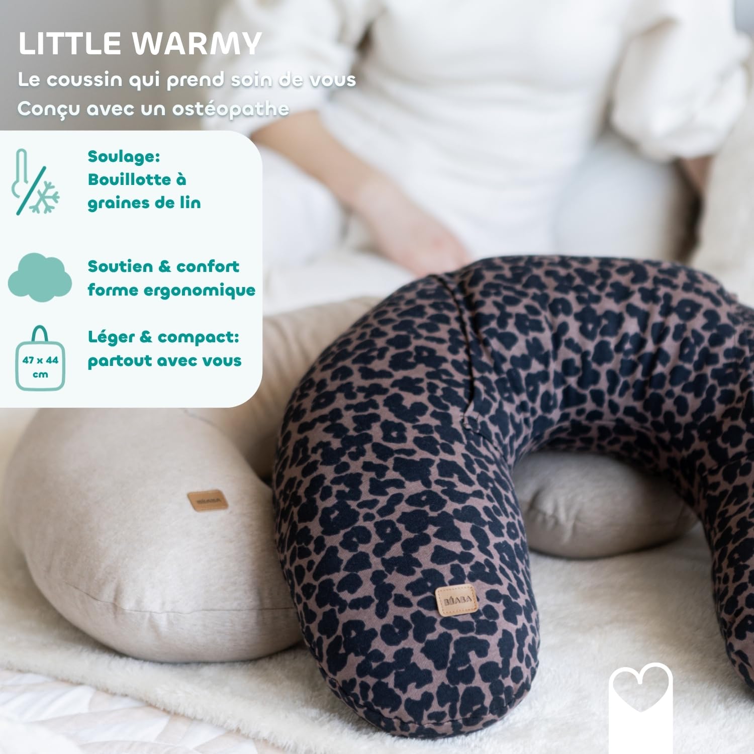 BÉABA Little Warmy, Coussin Chauffant & Refroidissant Nomade, Bouillote Graines de Lin, Douleurs de Règles, Grossesse, Lombaires, Abdomen, Cou & Post-Partum, 100% Coton Oeko Tex, Jersey Leopard