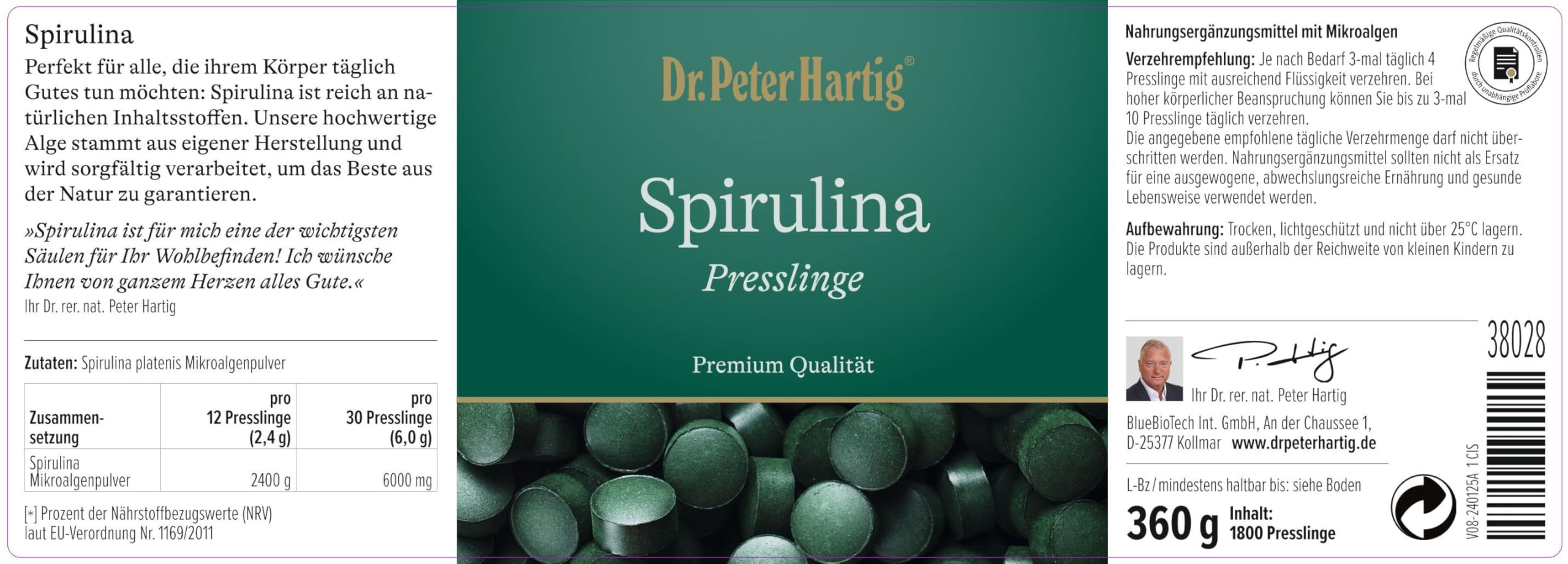 Dr. Peter Hartig Spirulina Premium 720 Presslinge Mikroalgenpulver Magnesium Calcium Kalium Phosphor Eisen Vitamine B12 C Vegan Lactose-, Gluten- und Hefefrei