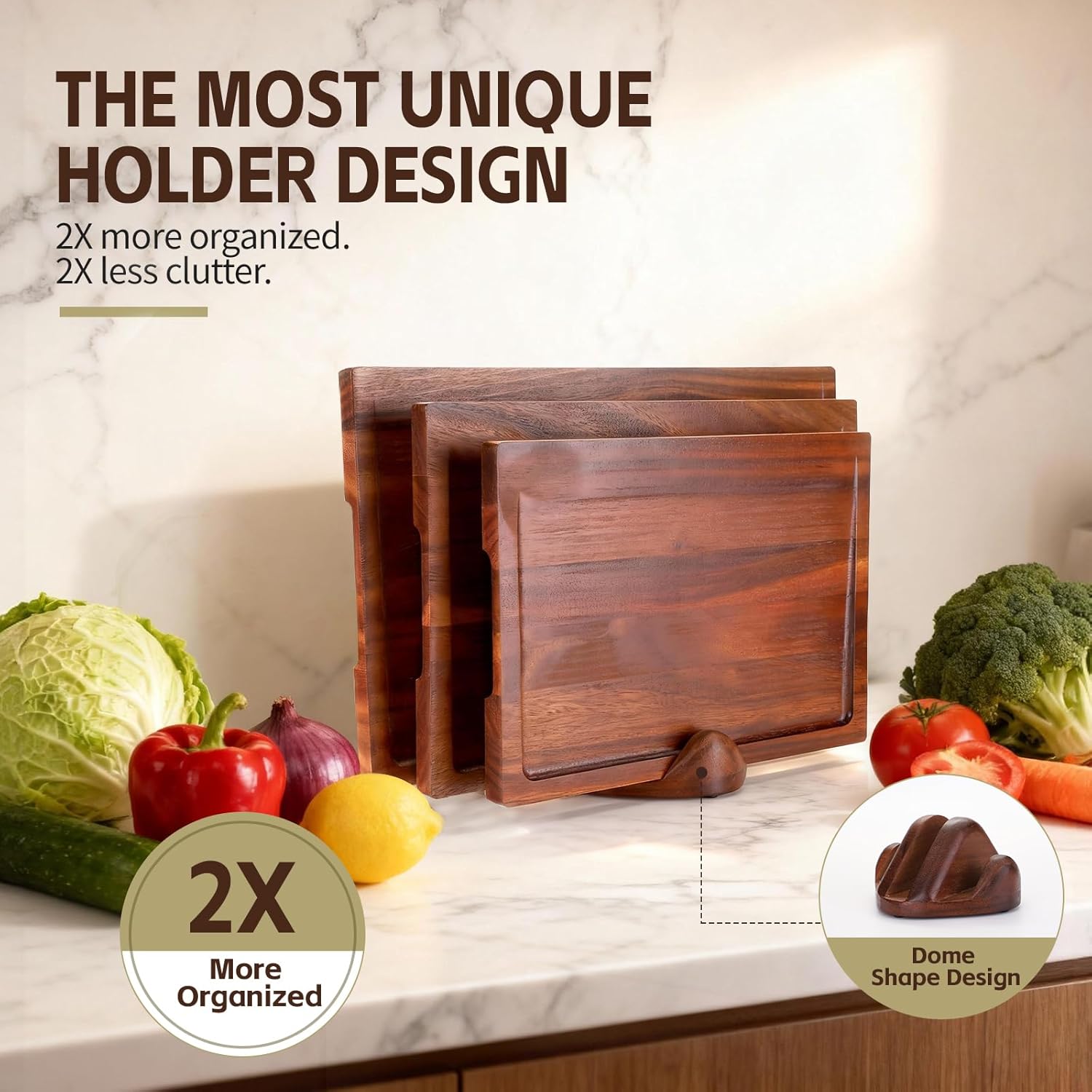 Walnut Cutting Board Set of 3 Handmade Wooden Chopping Boards with Holder, Deep Juice Grooves Side Handles Reversible NonToxic Serving, Gift for Mother's Day, Housewarming Wedding