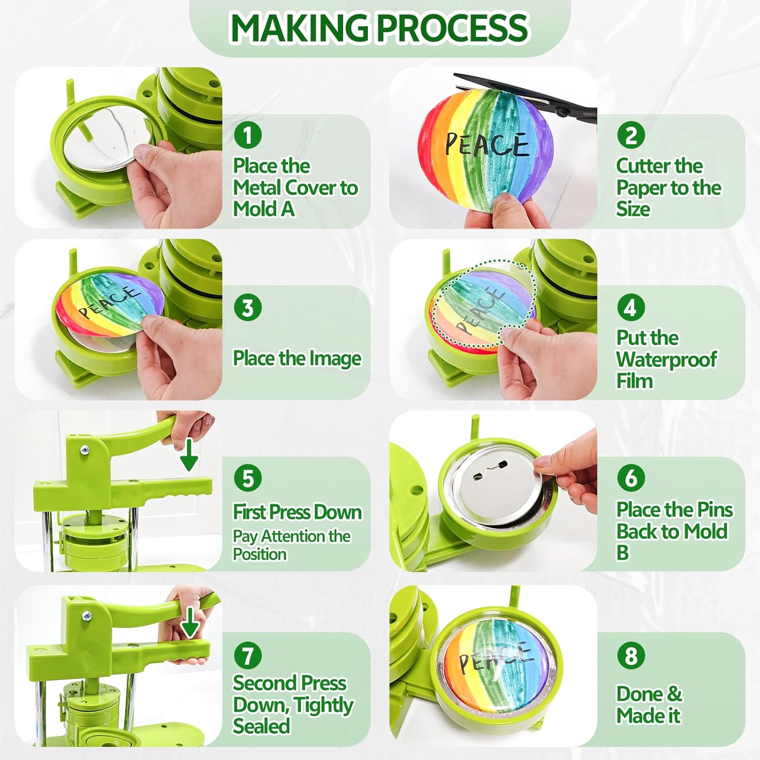 Button Maker Machine Multiple Sizes 1.25" +2.25" Heart+3" Pin Badge Maker Machine Interchangeable Die Molds with Cutting Mat Circle Cutter, Refills for DIY Button Badge 32mm+58mm+75mm