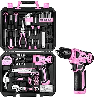 DEKO Caisse a Outil Rose Avec Perceuse Visseuse Multifonction Sans Fil 8V, 126 Pièces Malette Outils complete, Ensemble d'Outils avec Perceusepour Réparation, Entretien et Travail