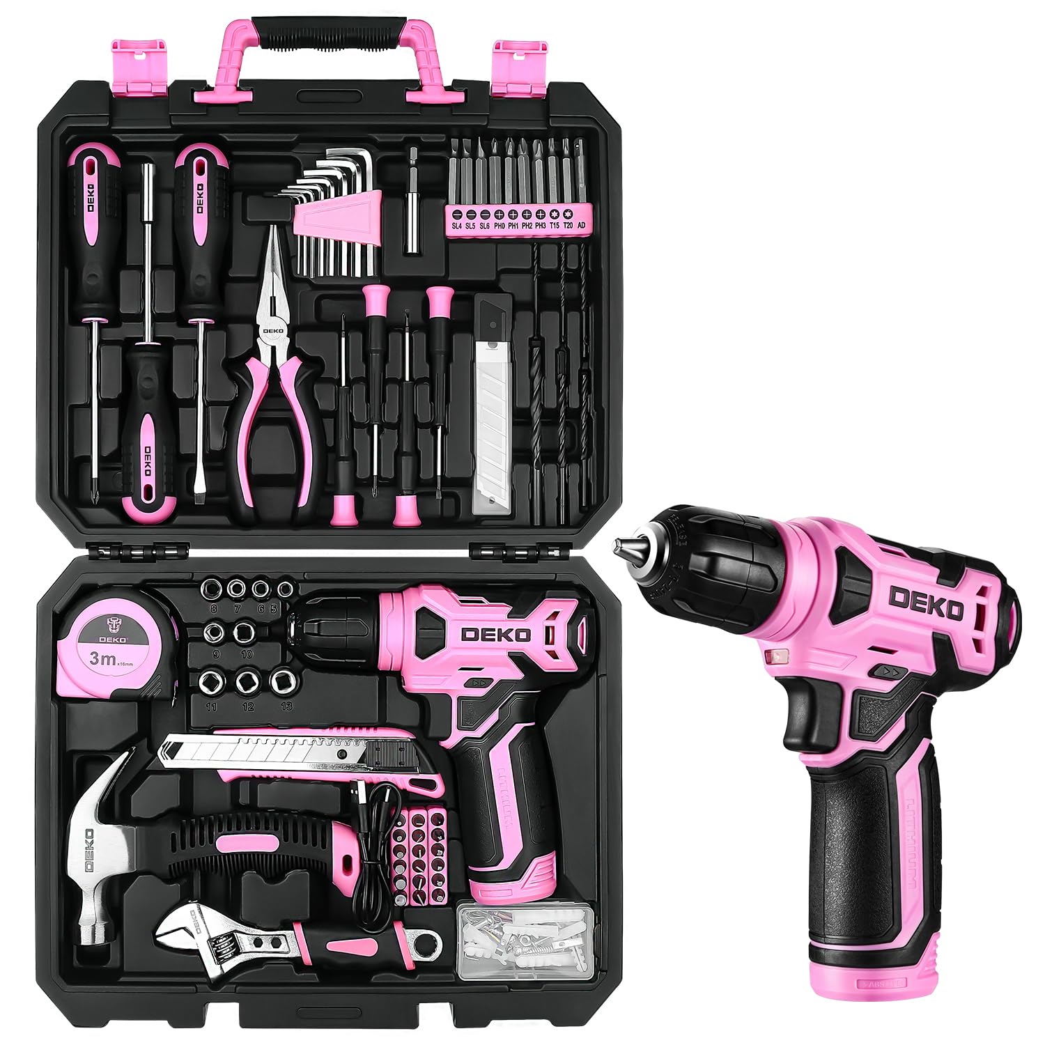 Caisse à Outils Rose Avec Perceuse Visseuse Sans Fil 8V - Kit 126 Pièces - DEKO