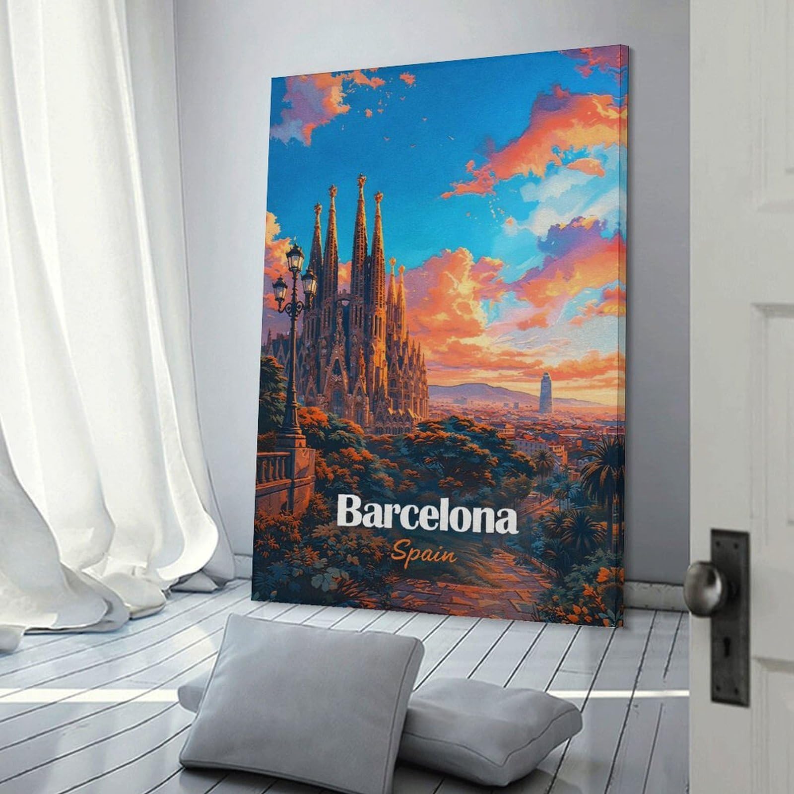 Junmoney Hanging Wall Art Barcelona Sagrada Familia Sunset, 20x30inch(50x75cm), for Small Homes, Bedrooms Or Open Spaces, Wall Decor with Flexible Room Appeal