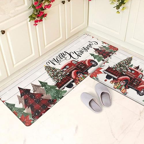 Miniatura 6 de famibay Juego de 2 alfombras de cocina de Navidad para camión, alfombrillas de cocina de Navidad para piso, acolchadas, antifatiga, tapetes de pie