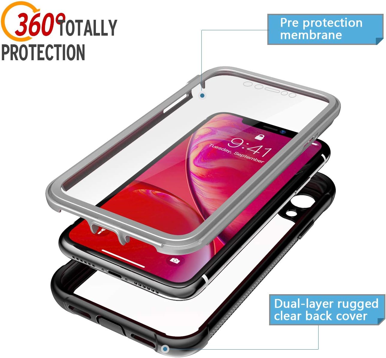 Eonfine Designed for iPhone XR Case, Full-Body Heavy Duty Protection with Built-in Screen Protector Cover Clear Shockproof Case for iPhone XR Case 6.1 Inch 2018 (Black/Clear)