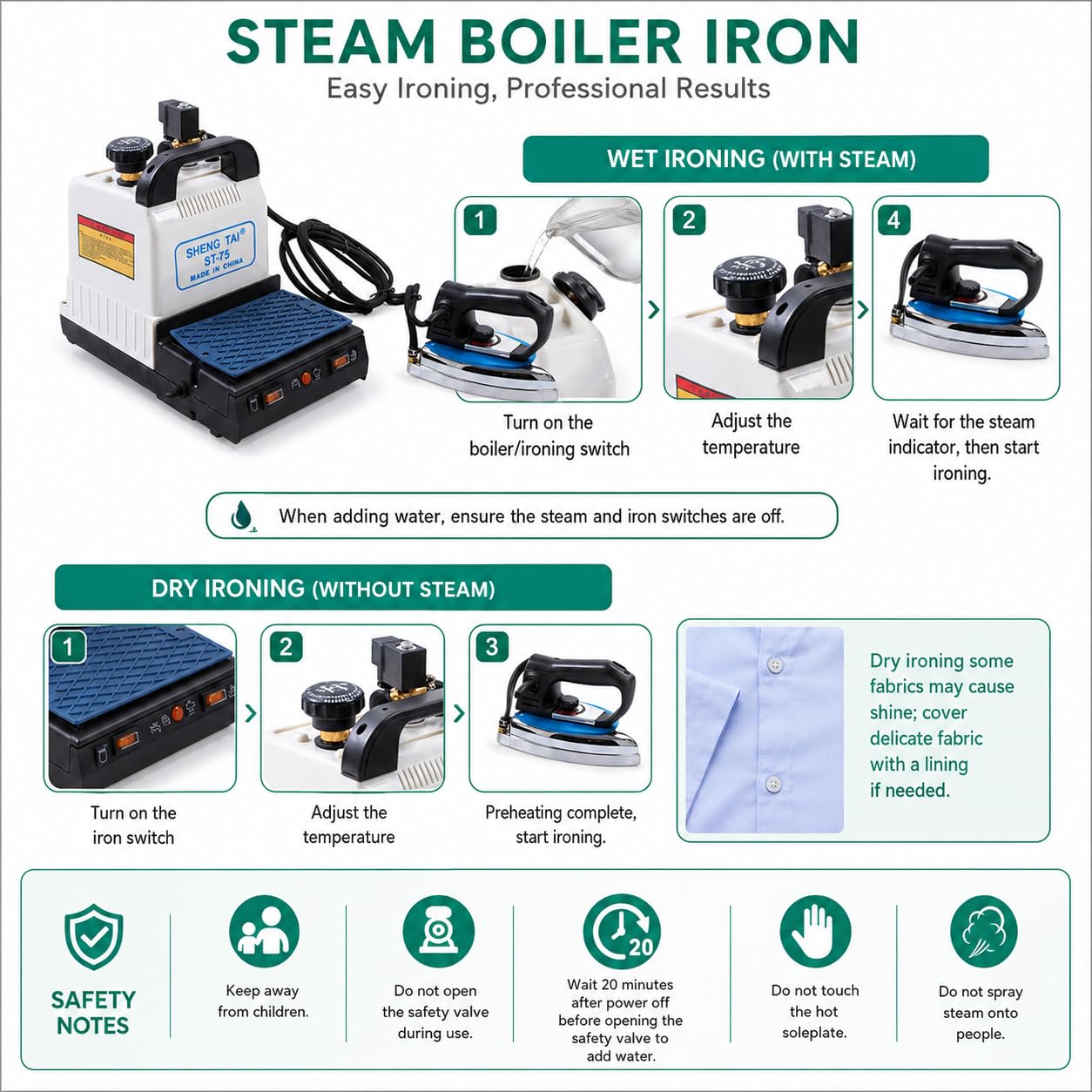 Industrielle Dampfbügeleisen-Kesselstation, 1600 W, 2 l Wassertank | Bis zu 3,5 kg Dampfdruck, 150 °C Dampf, Trocken-/Dampfmodi und Sicherheitskontrollen für kommerzielles Bügeln.