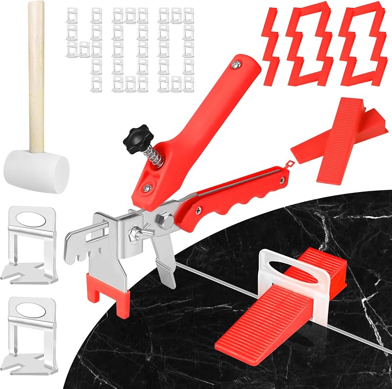 Tile Leveling System 1/8 Inch with Tile Plier and Rubber Hammer - 400Pcs Tile Spacers Leveling Clips and 100Pcs Reusable Wedges Tile Tools for Floor Wall Ceramic Tile Stone Installation - Red