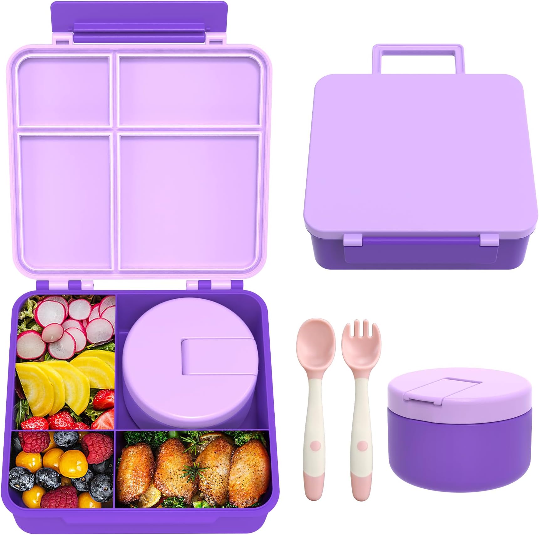 Bento Lunch Box with 8oz Soup Thermo, Kids Leakproof Lunch Food Containers with 4 Compartment, Pink