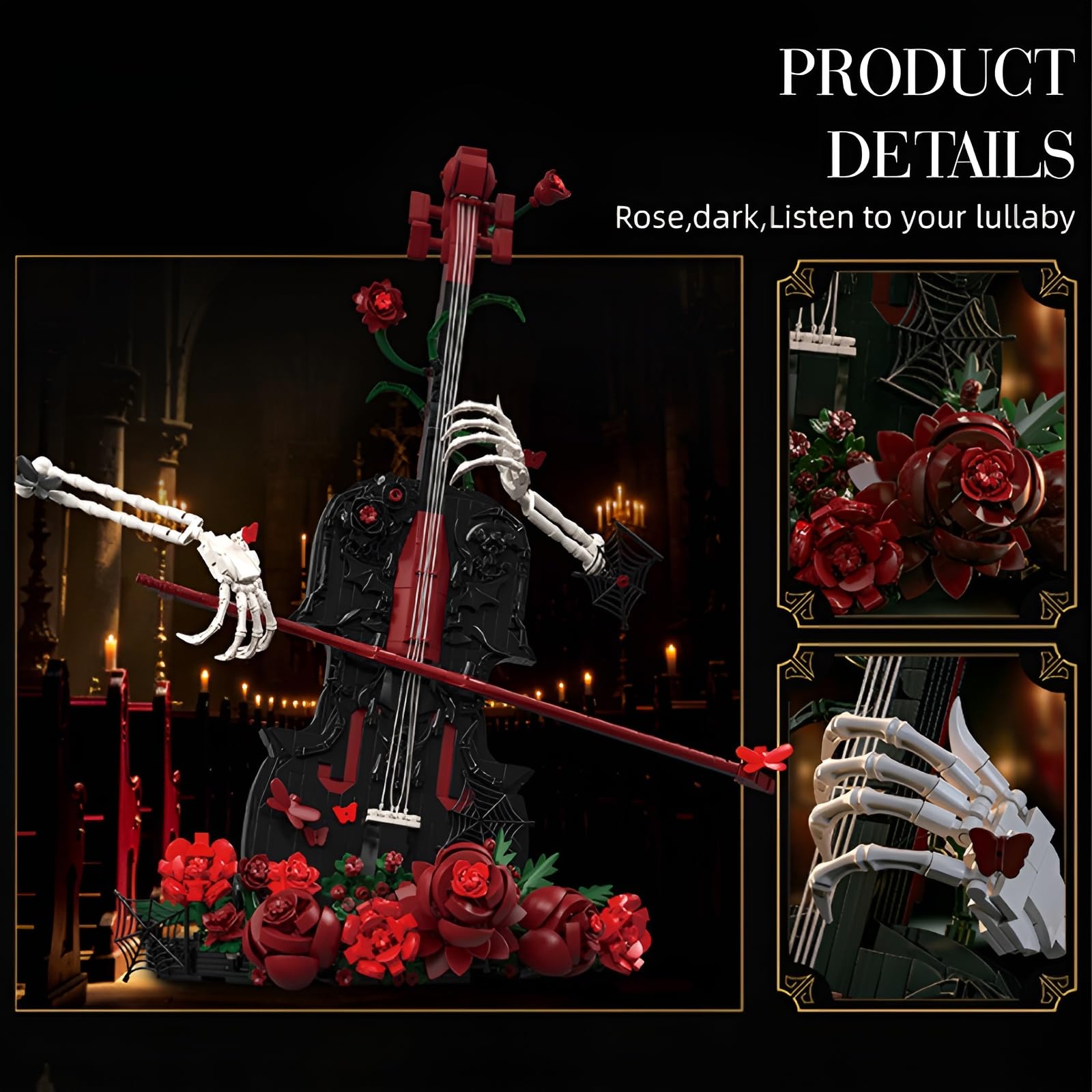 QuirkQuest Gothic Rosen Geigen Bauklötze Set, 1429 Teile Musikinstrument Modell mit Sammlbares Skelett Händen & roten Rosen, Dekoratives Baukasten Display für Erwachsene & Teenager