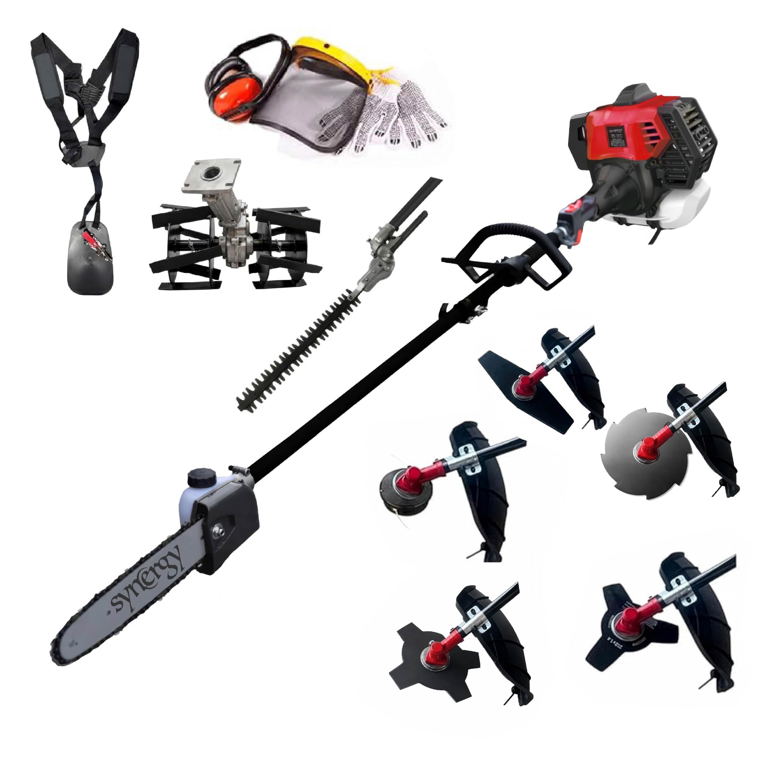 Synergy Desbrozadora Multifunción Gasolina 8 en 1 65cc 4,9cv Motor 2T, Cuchillas Helicoidales, Cortasetos, Podadora, Kit de protección, 4 Discos y 1 Cabezal Automático, Arnés Profesional