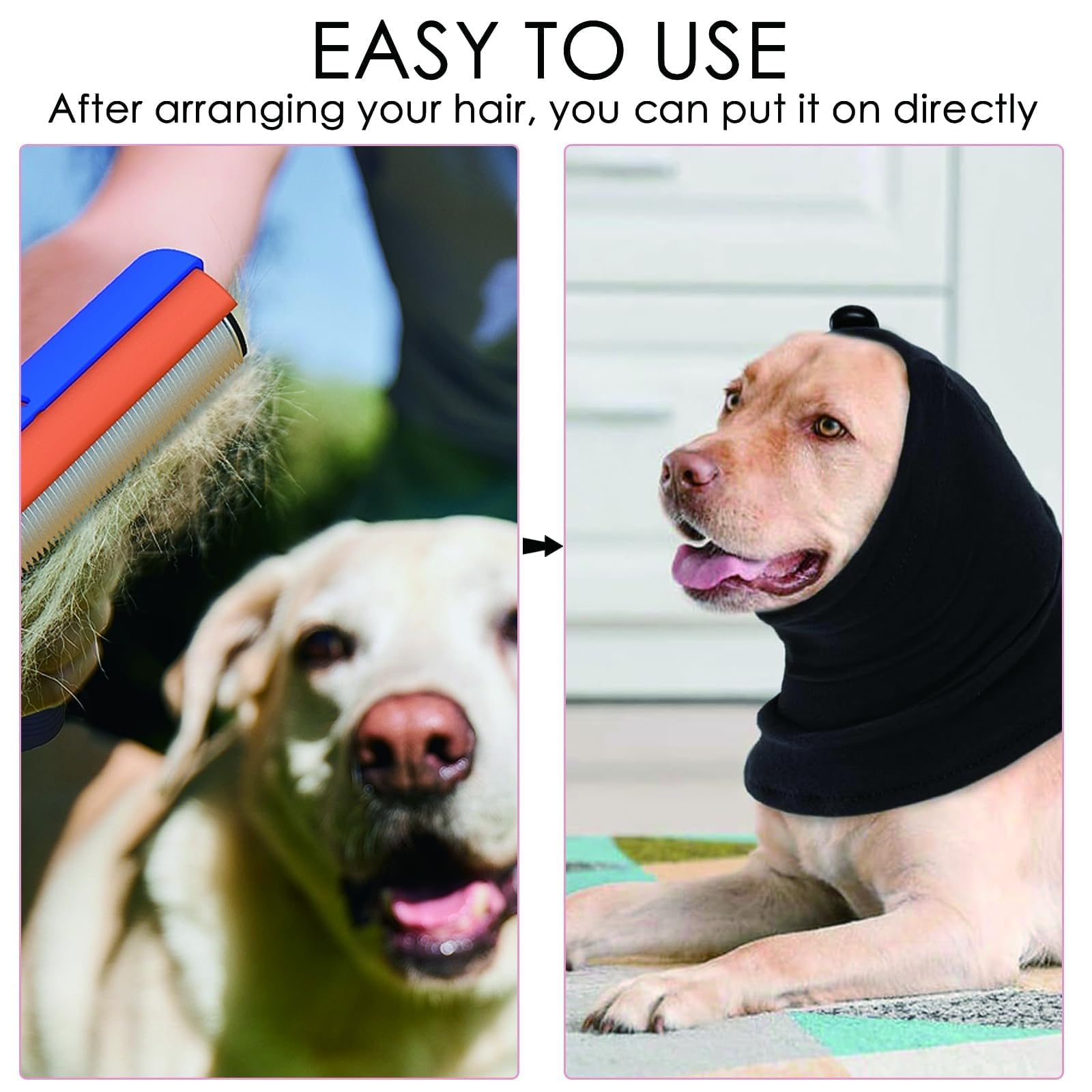 2 Pcs Dog Ear Muffs Dog Calming Ear Cover Anxiety Relief Cover Face Neck Warmer Quiet Head Sleeves for Noise Bathing Grooming Drying(Large,Black and Pink) 3