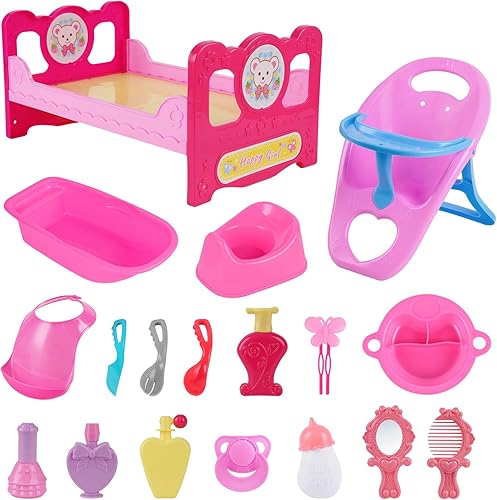 BABESIDE Juego de muñecas de bebé, juego de alimentación y cuidado, 18 piezas de accesorios para muñecas de bebé, incluyendo cama, silla alta, juego