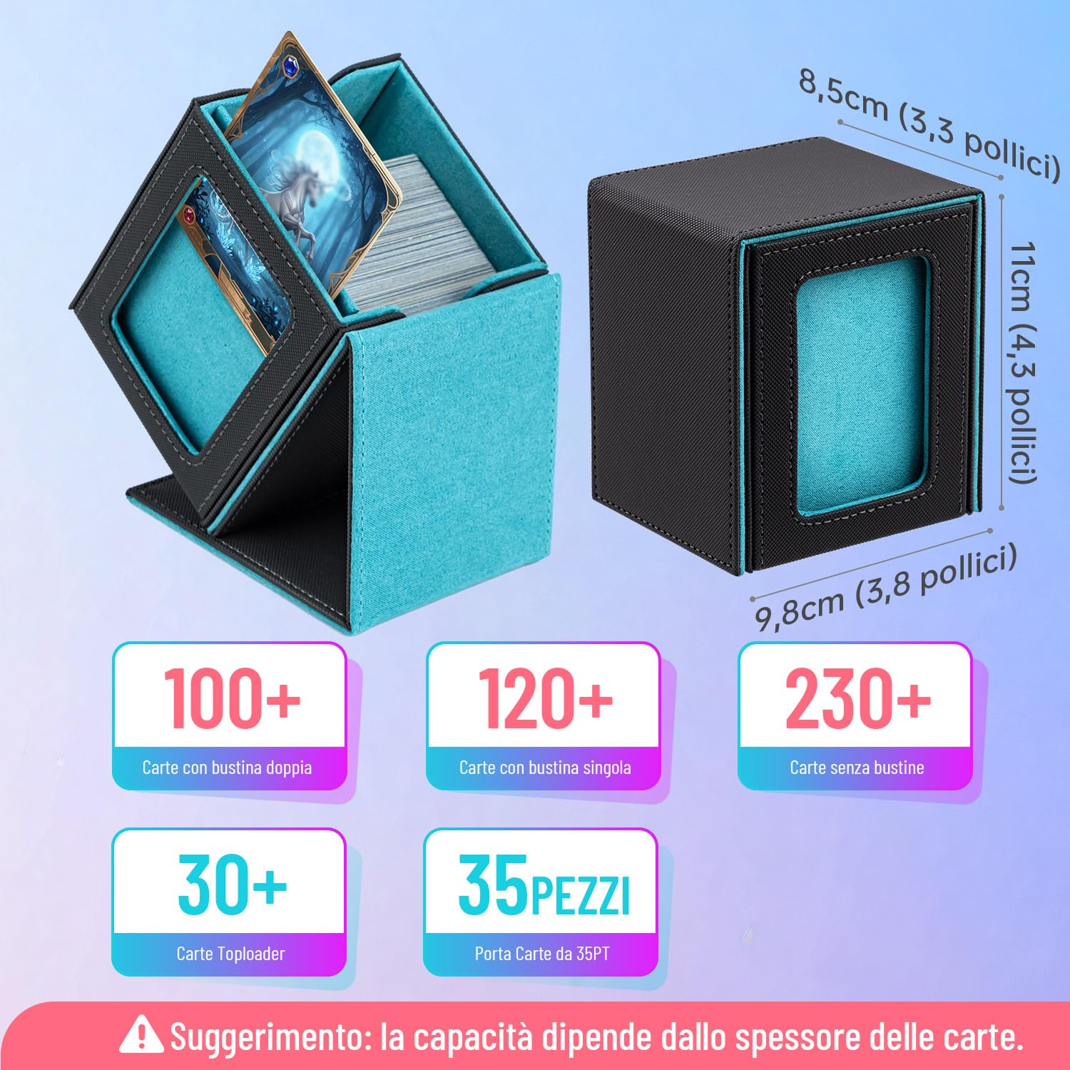 Box Porta Mazzo mit Display per Carte MTG Capacità di 100+ Carte/30+ Carta Toploader,Magnetic Flip Deck Box per le Carte di Magic Commander TCG (Verticale-Blu Chiaro)