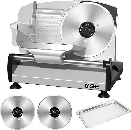 YASHE Meat Slicer with Quiet DC Motor, 200W Electric Deli Slicer, Removable Dual 19CM Stainless Steel Blades and Food Carriage, Child Lock Protection, 0-15mm Adjustable Thickness for Meat Cheese Bread