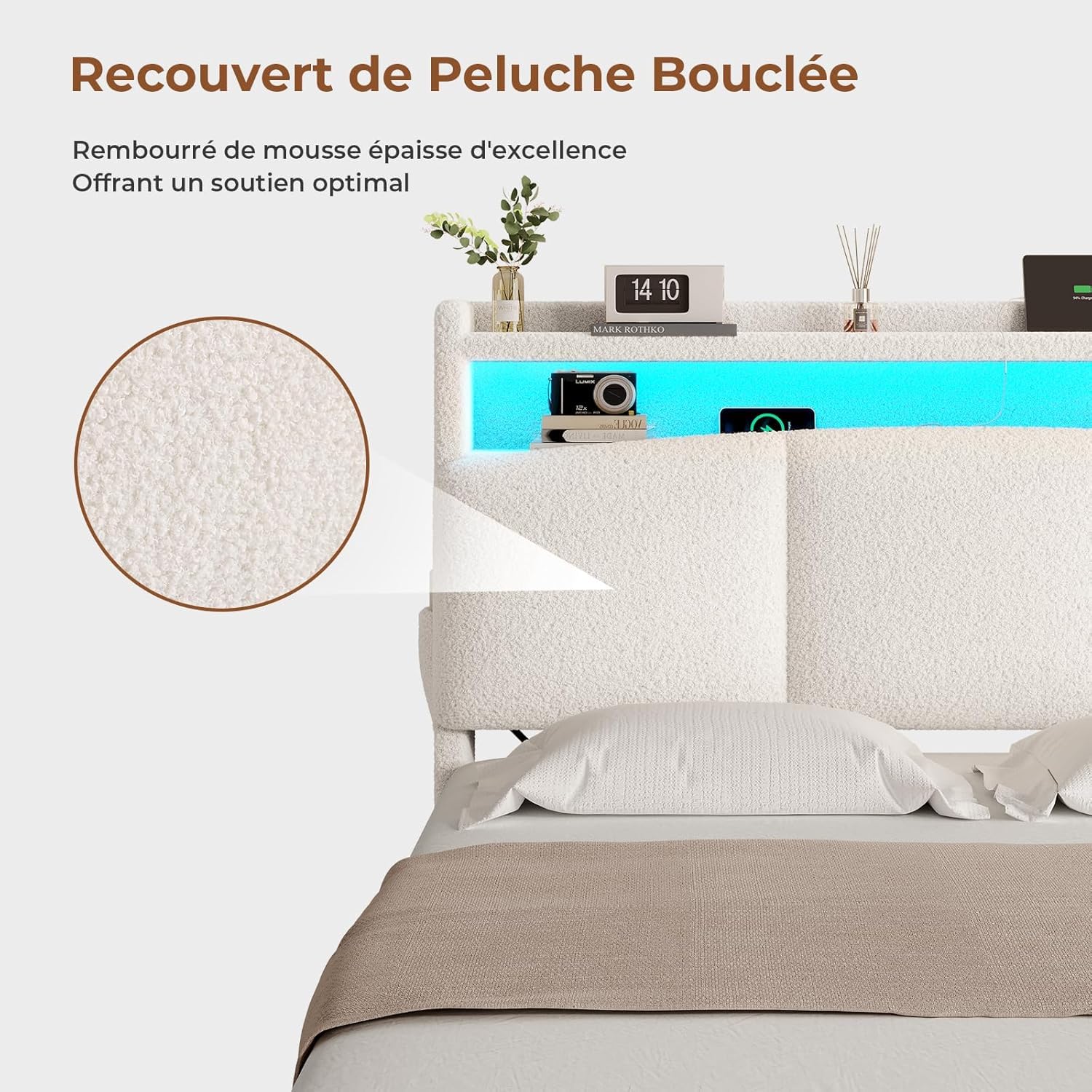 AGOLLATI Letto Contenitore Matrimoniale, Letto 140 x 200 cm con Illuminazione a LED e Stazione di Ricarica, Letto Matrimoniale con Sollevamento Idraulico e Testiera Imbottita, Beige (Teddy Fleece)