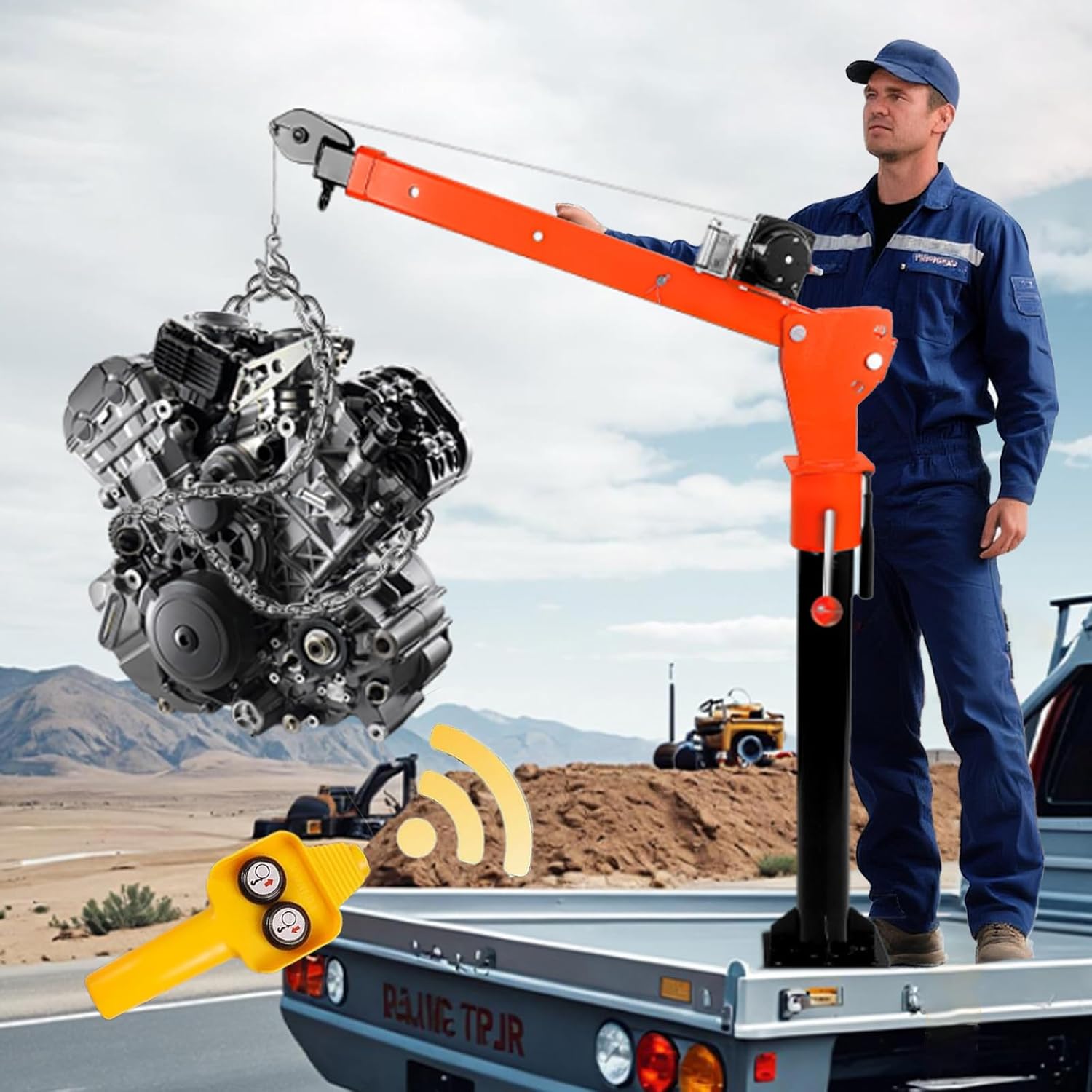 2000LBS Electric Pickup Truck Crane, 12V Truck-Mounted Crane with 2000-LBS Winch, 3 Adjustable Level Jib Cranes with Wired Remote for Workshops,Construction (2000LBS Winch 1100 Load)