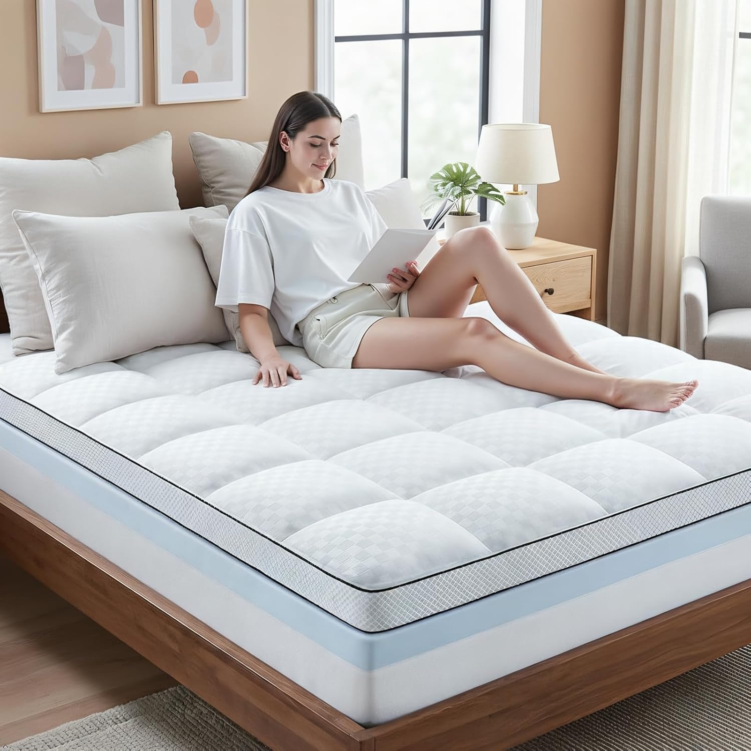 Twin XL Size Dual Layer 4 Inch Memory Foam Mattress Topper, 2 Inch Gel Memory Foam and 2 Inch Pillow Top Mattress Pad Cover, Thick Soft Bed Topper Medium Support for Back Pain, White