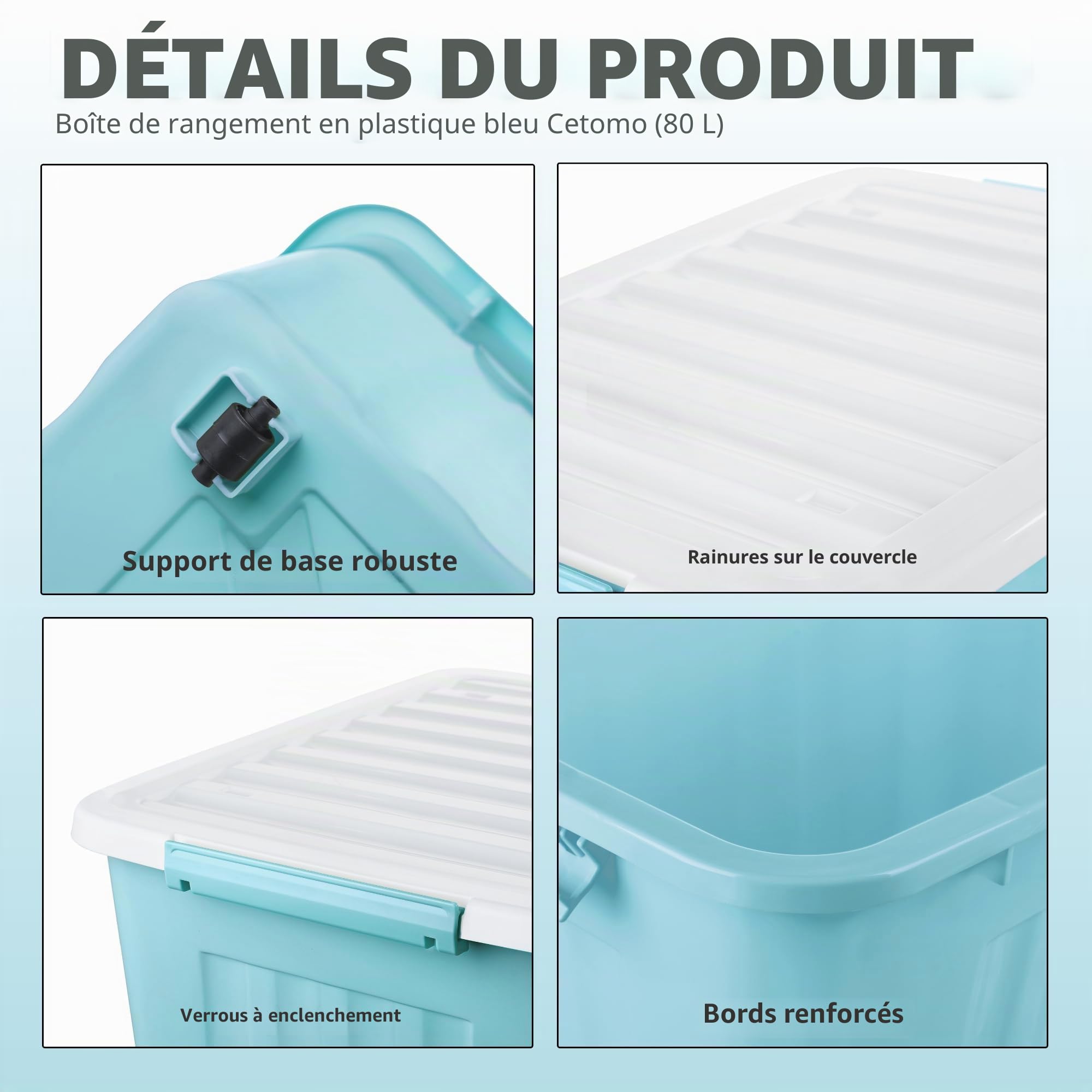 Cetomo 80L*4 Boîtes de Rangement avec Couvercles, Boîte de Rangement en Plastique avec Clips et Roulettes, Empilables, Encastrables, pour Placard de Bureau à Domicile, Bleu, 80L, Lot de 4