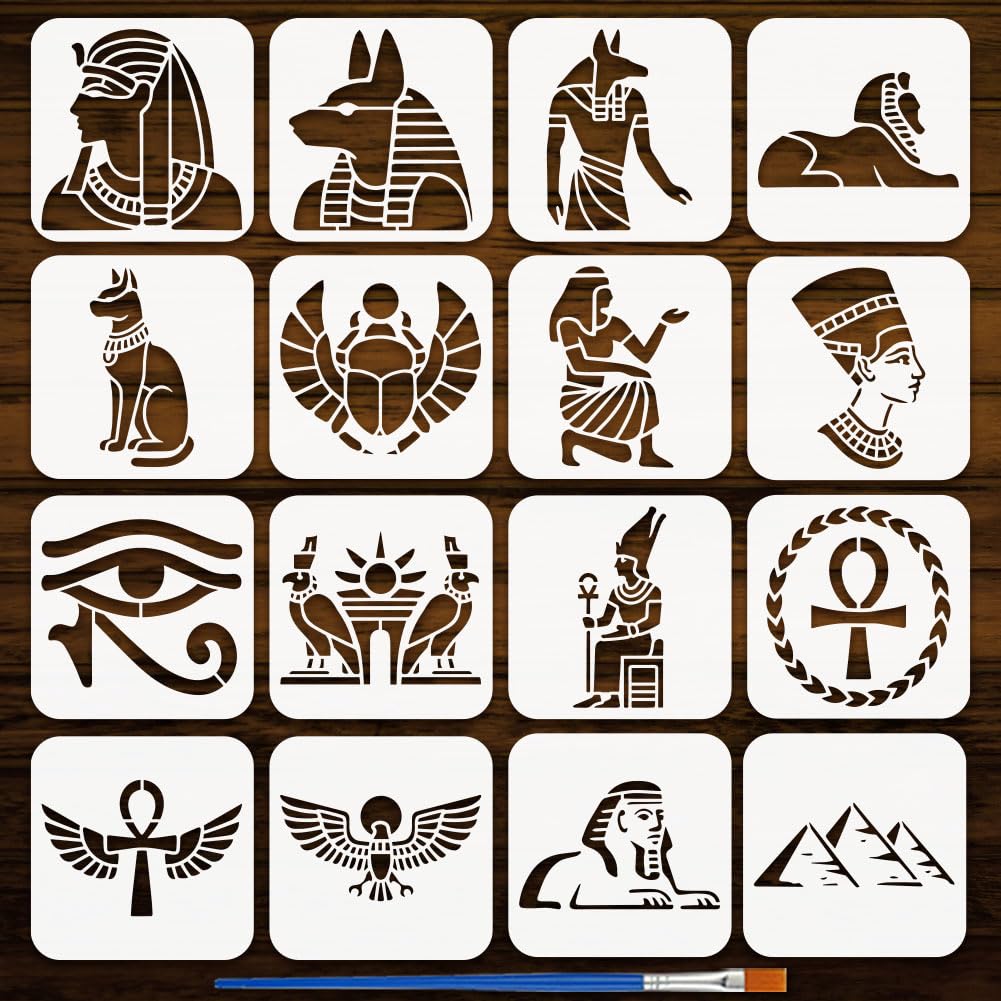 FINGERINSPIRE 16PCS Egypt Painting Stencil 15x15CM Egyptian Symbol Stencils Sphinx Scarab Pattern Plastic 16 Style Egyptian Template with Paint Brush for T-Shirt Wood Fabric DIY Art