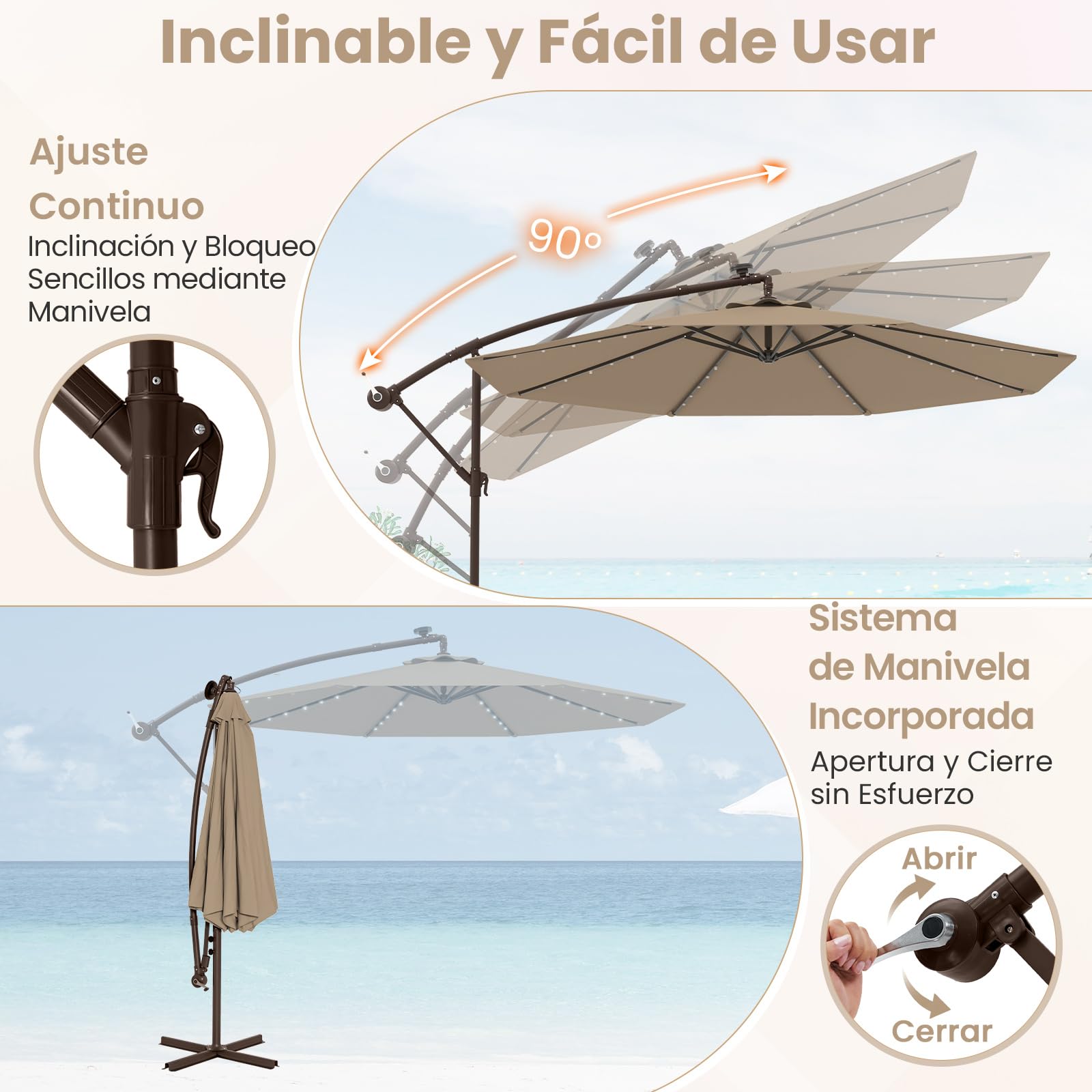 COSTWAY Sombrilla Terraza Exterior con Base, Parasol Excentrico 3x3 con 40 Luces LED, Sombrilla Jardin Inclinable con Manivela, Patio, Jardín, Terraza, Piscina, Playa (café)